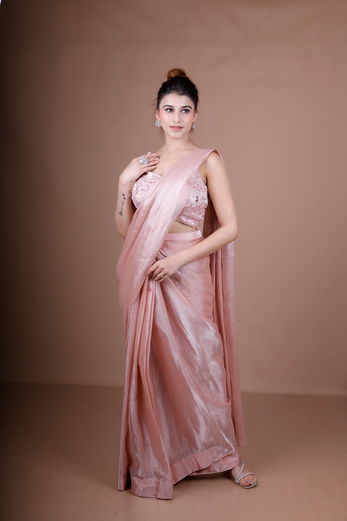 Rose Pink Drape saree in Shimmer organza with embroidered crop top