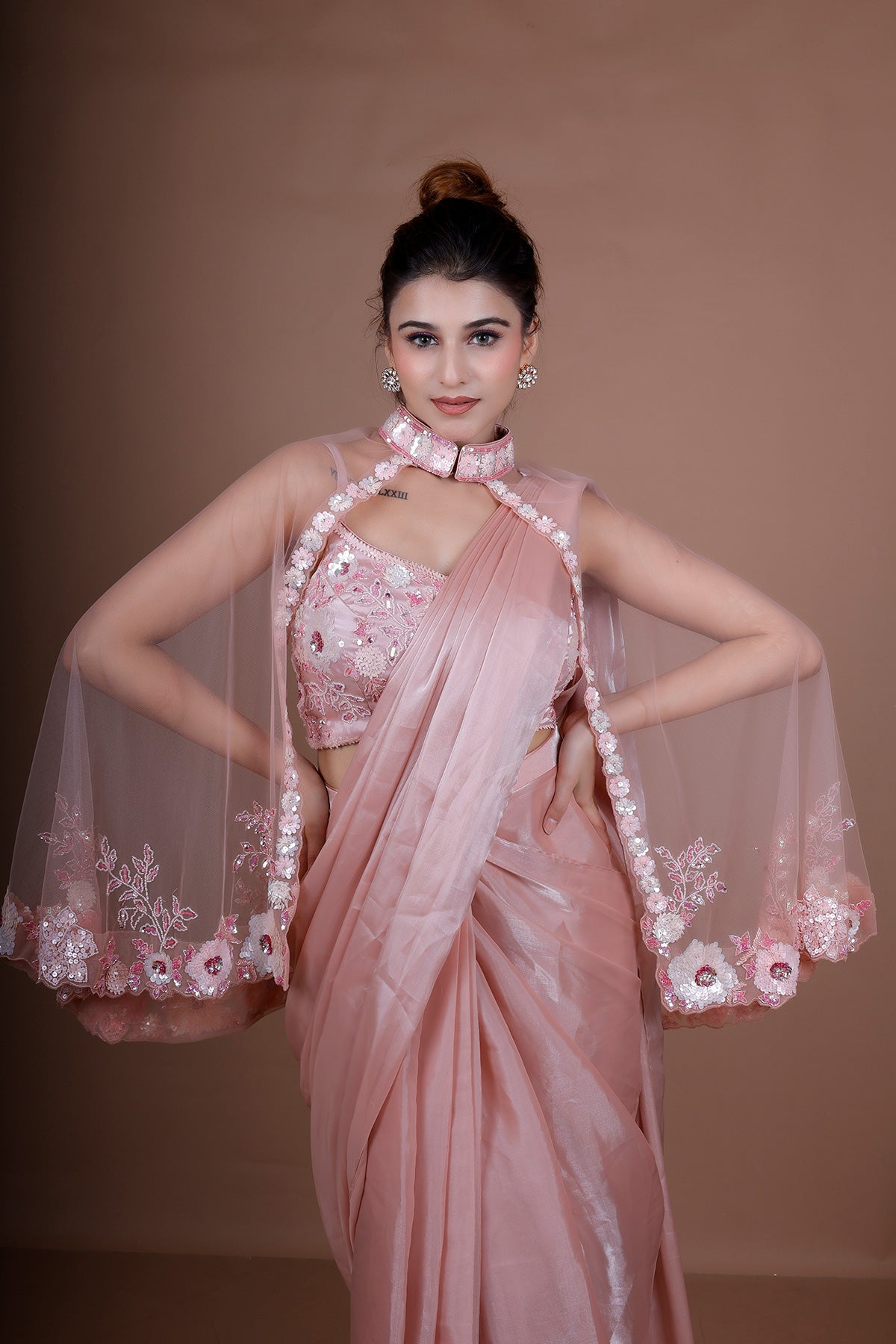 Rose Pink Drape saree in Shimmer organza with embroidered crop top
