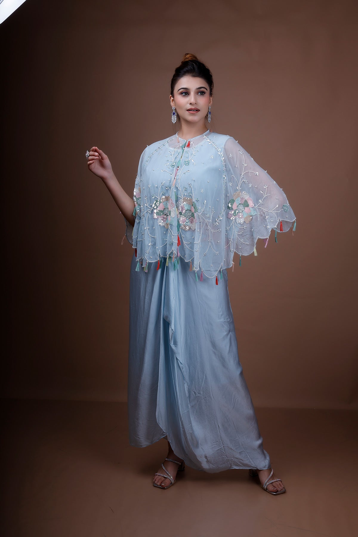 Ice Blue Tulip suit in organza with embroidered crop Top