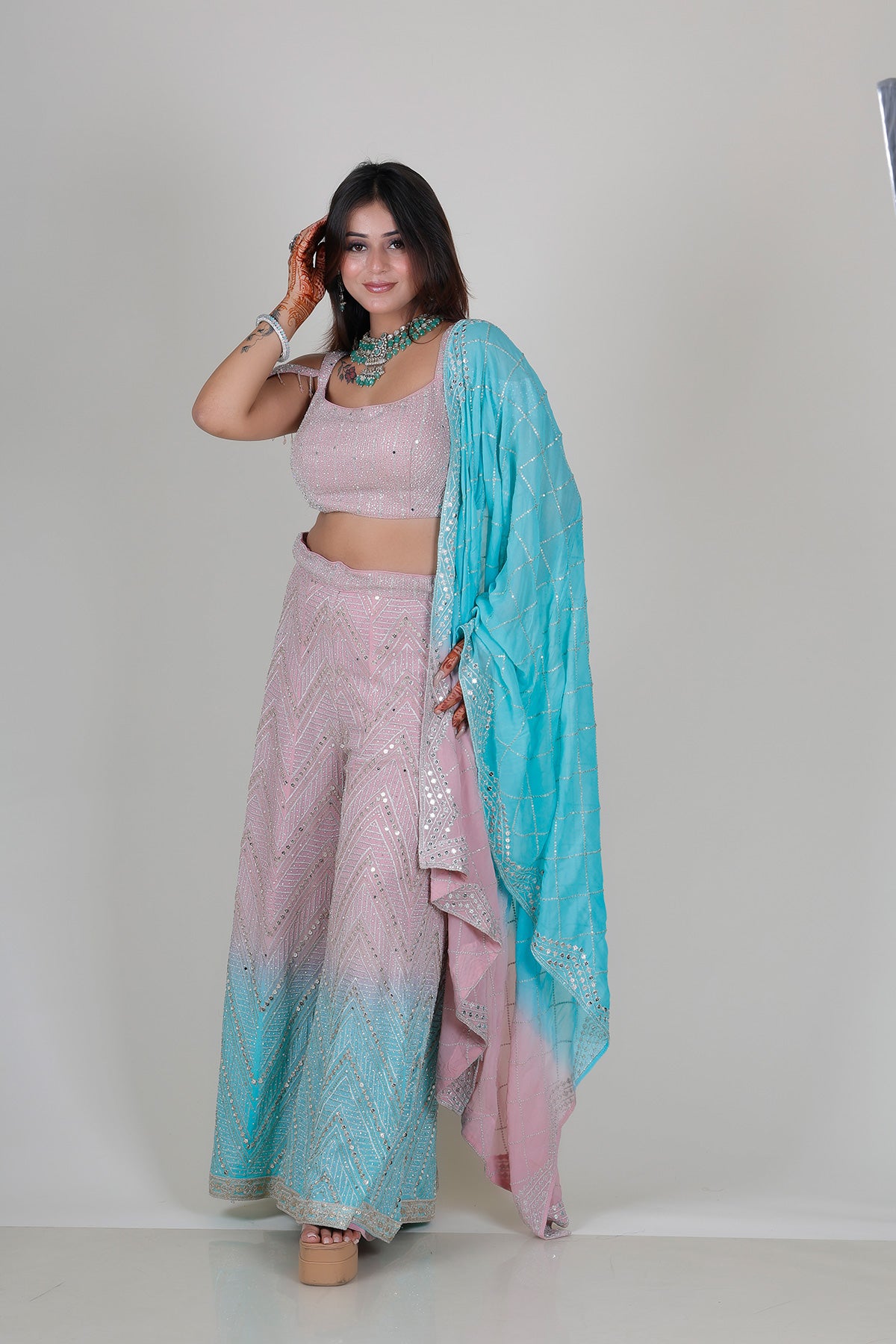 Pink and Sky Blue Sharara Suit with Top