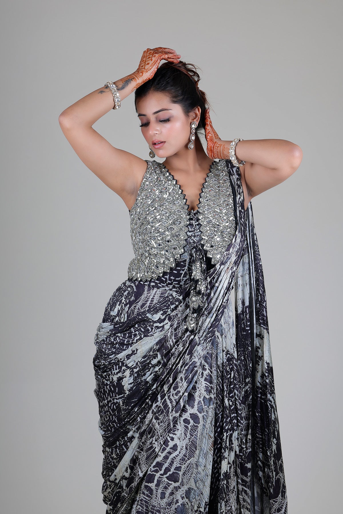 Black Drape saree with embroidered Top in crepe