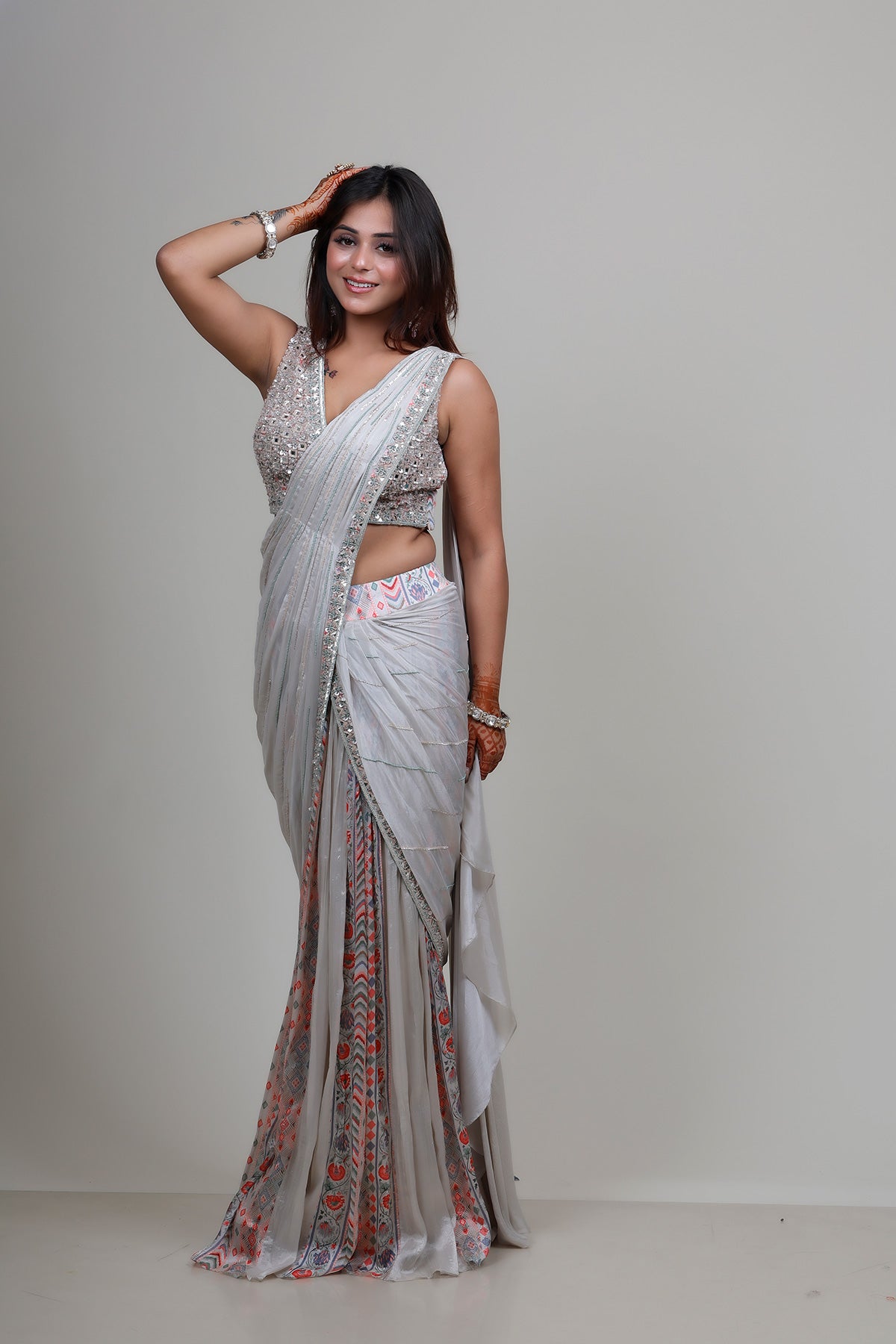 Cream Drape saree with embroidered Top in crepe