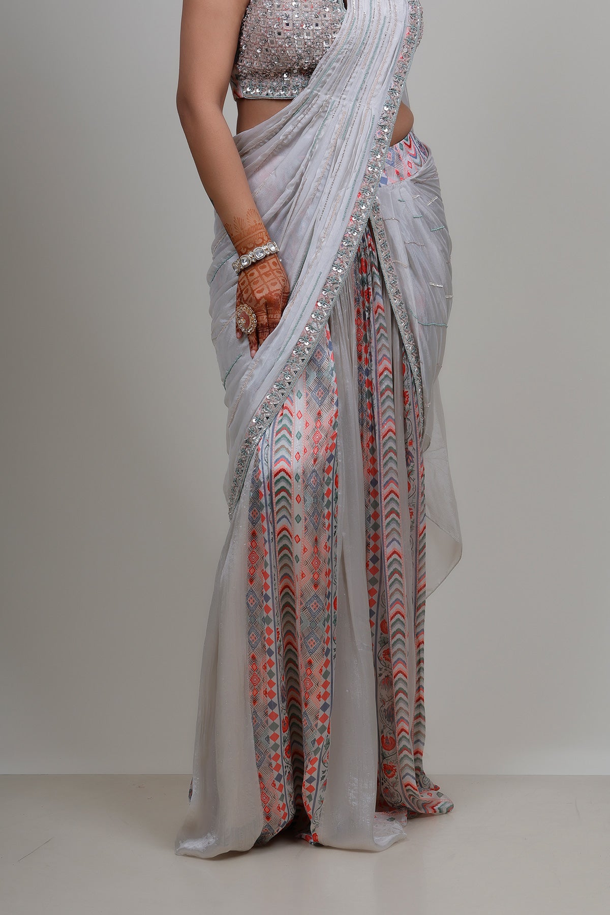 Cream Drape saree with embroidered Top in crepe