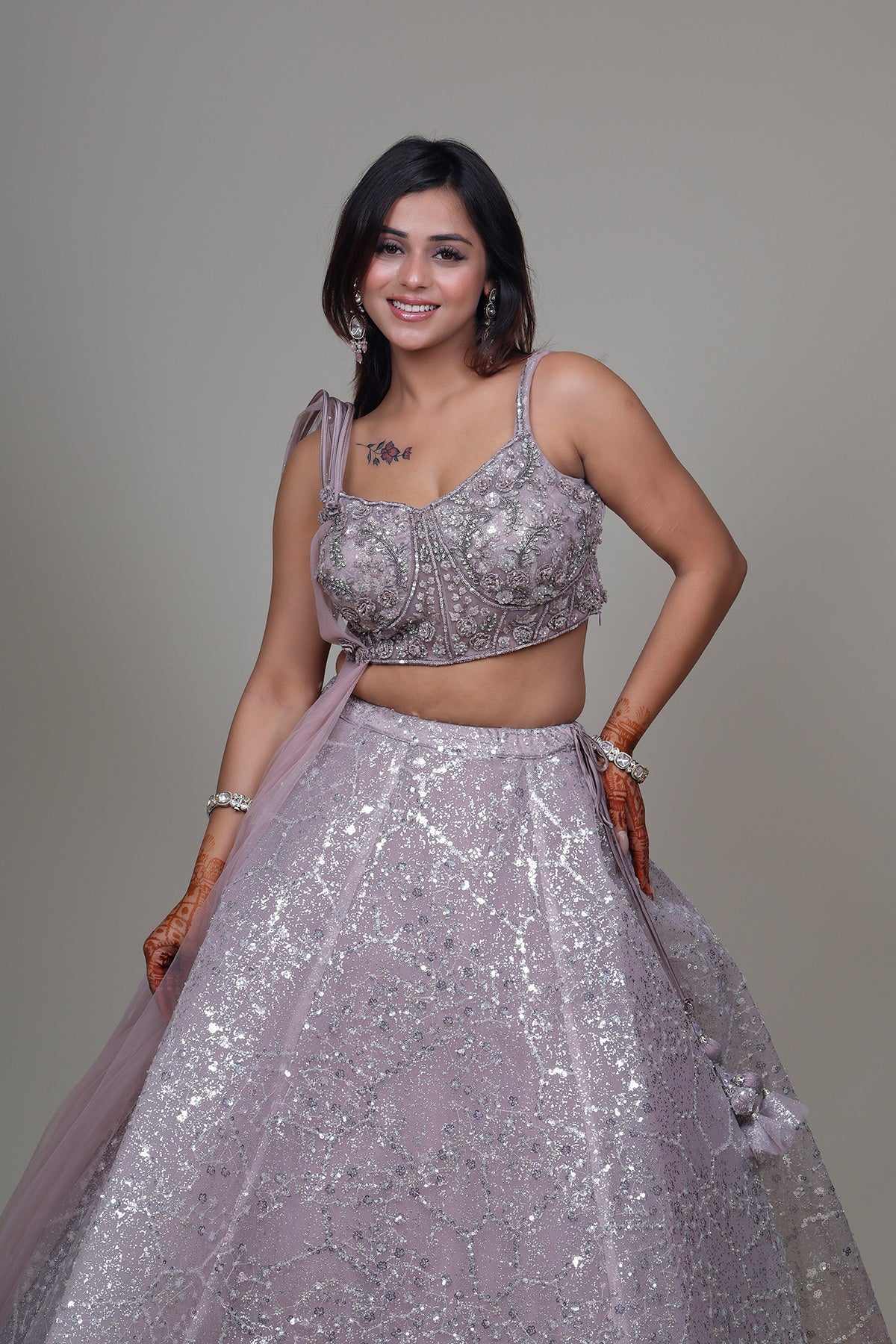 Pink Lehenga and choli with net dupatta attached with top