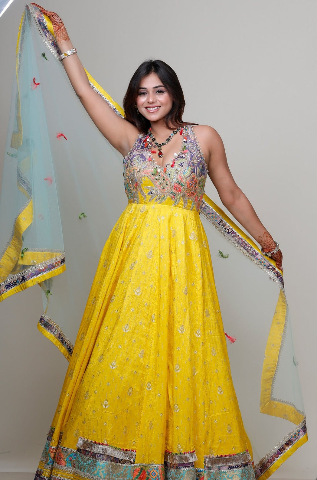 Yellow Anarkali suit in Silk with dupatta
