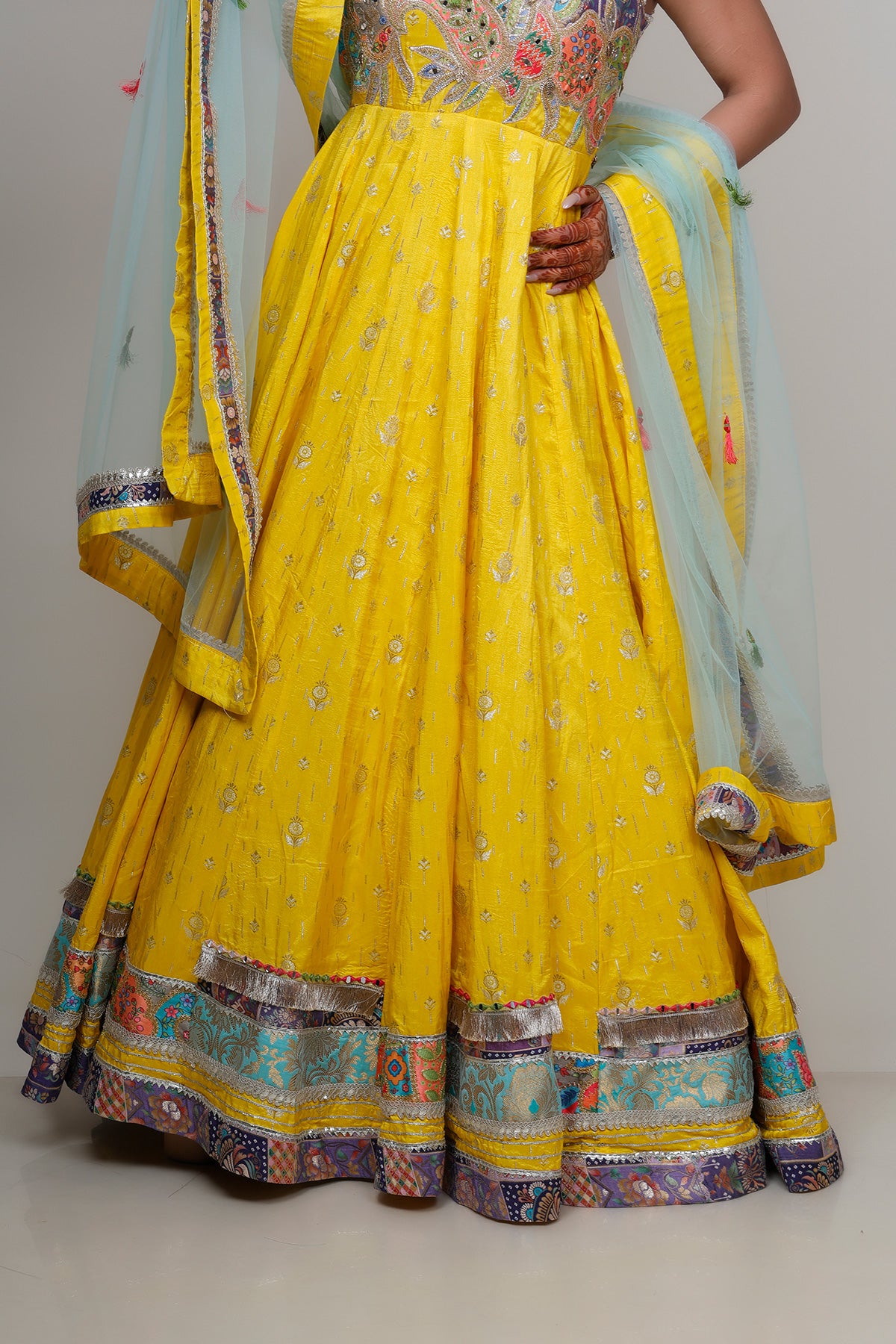 Yellow Anarkali suit in Silk with dupatta