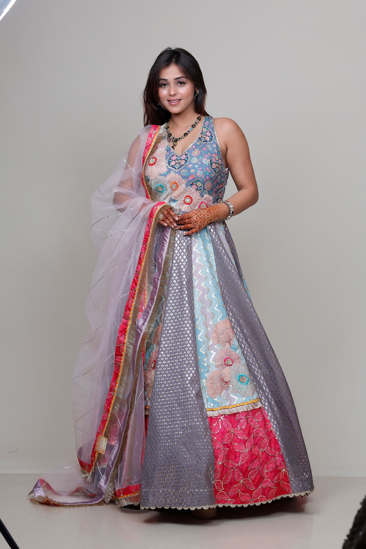 Multi colored Anarkali suit in Silk with dupatta