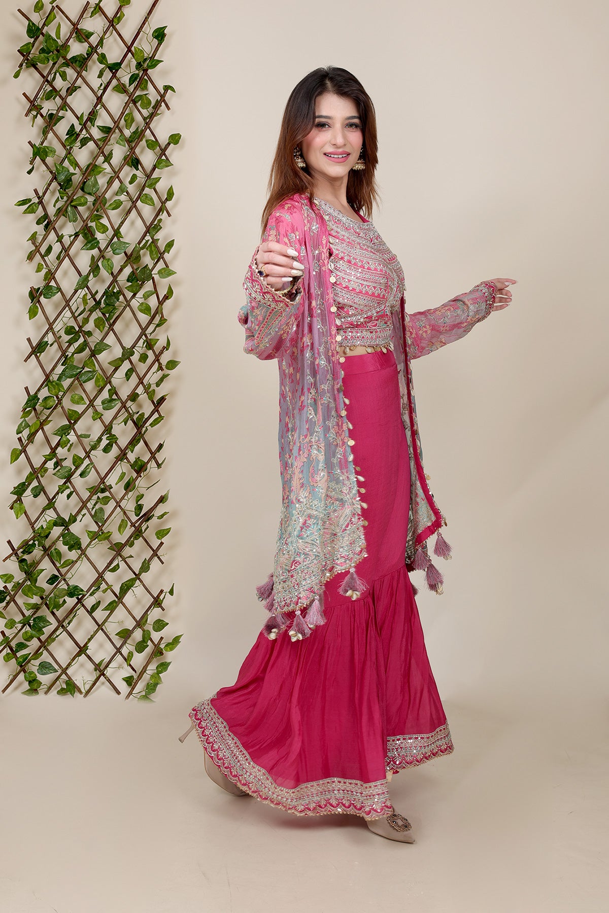 Magenta Gharara with Top with Jacket
