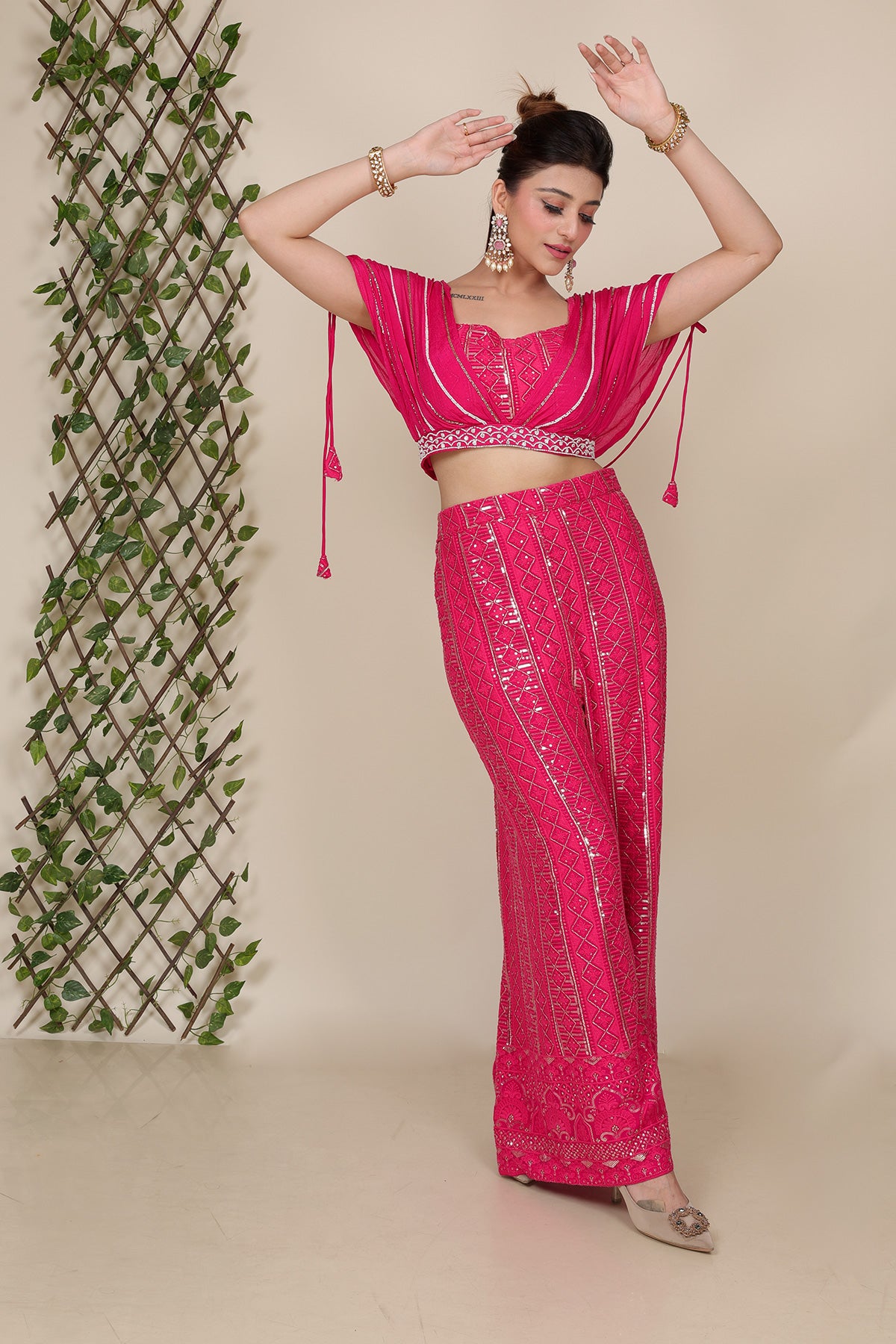 Magenta Palazzo Set in Georgette with Drape sleeves