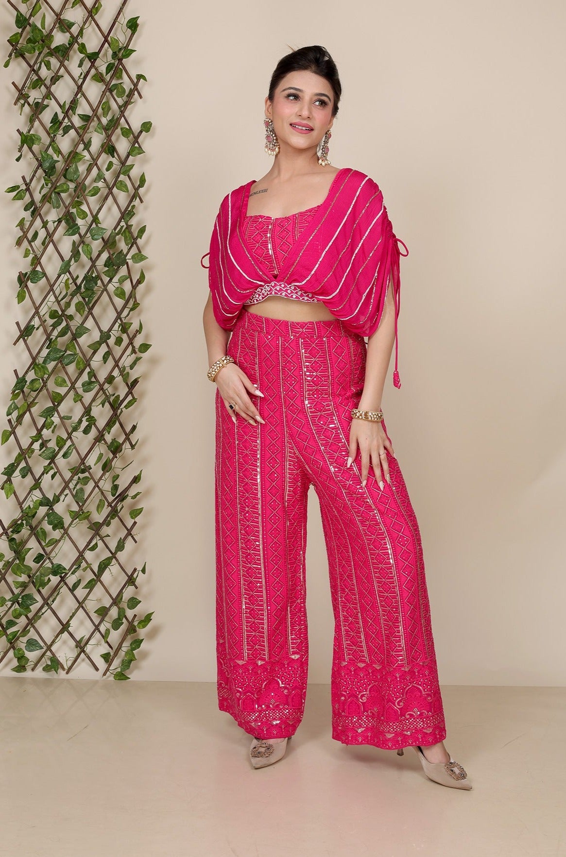 Magenta Palazzo Set in Georgette with Drape sleeves
