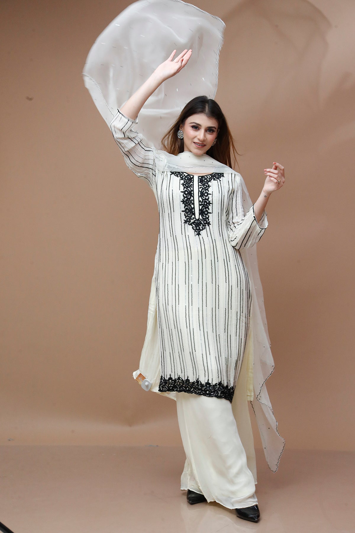 White Palazzo Suit in Georgette adorned with pearl embroidery