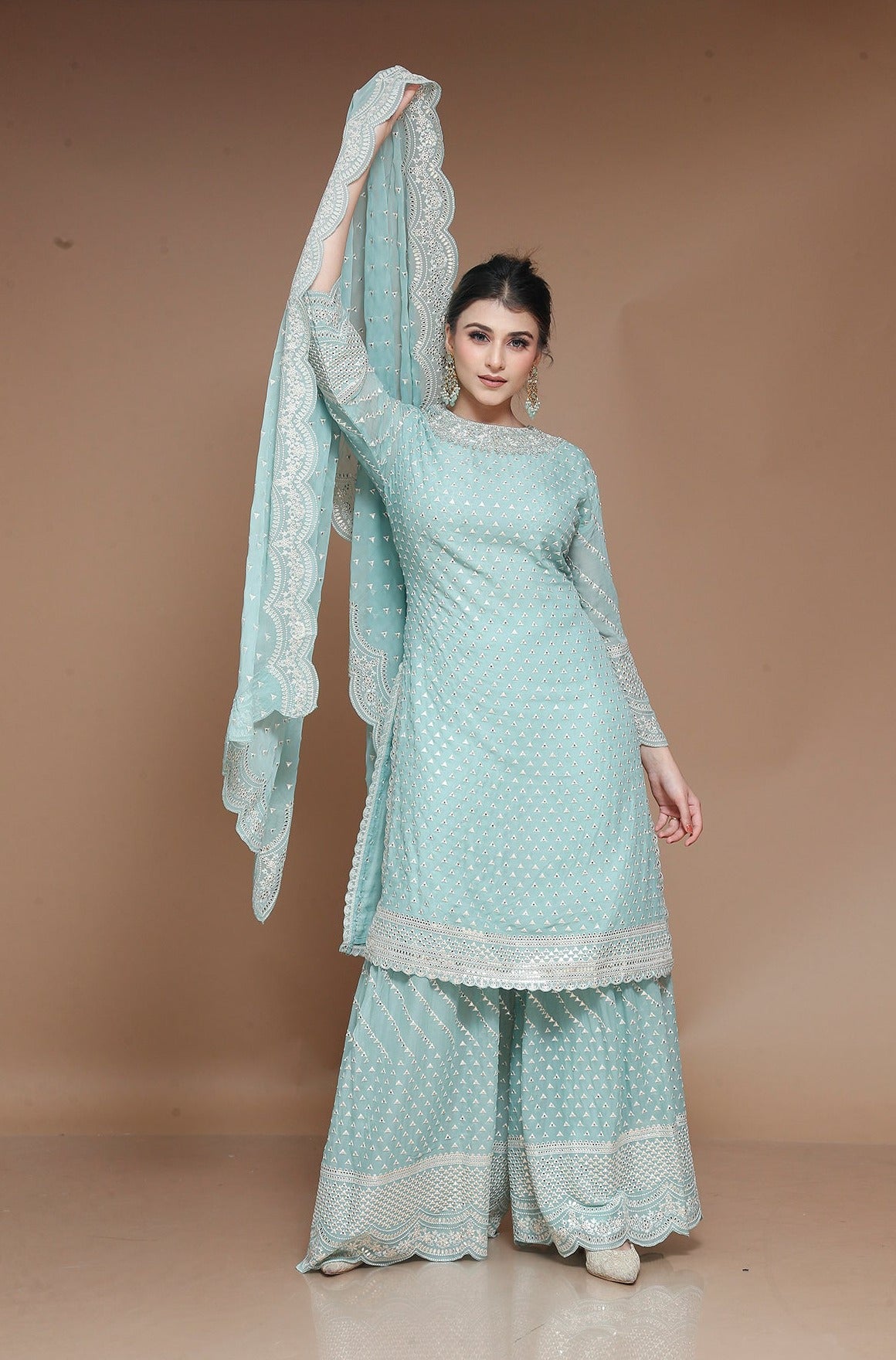 Sky Blue Palazzo Suit in Georgette embellished with Foil work