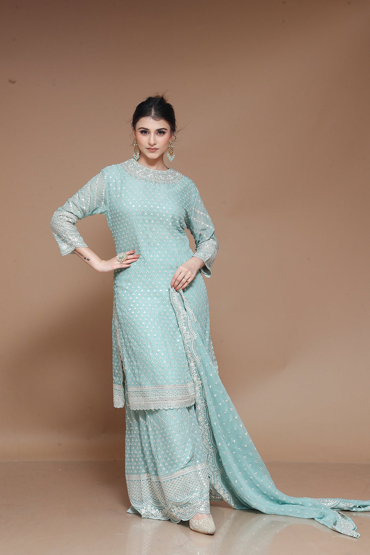 Sky Blue Palazzo Suit in Georgette embellished with Foil work