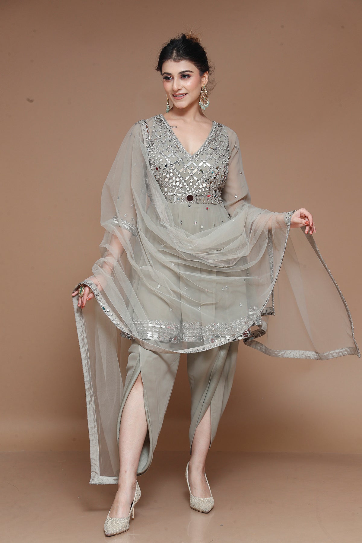Grey Tulip Suit adorned with Mirror Work in Georgette