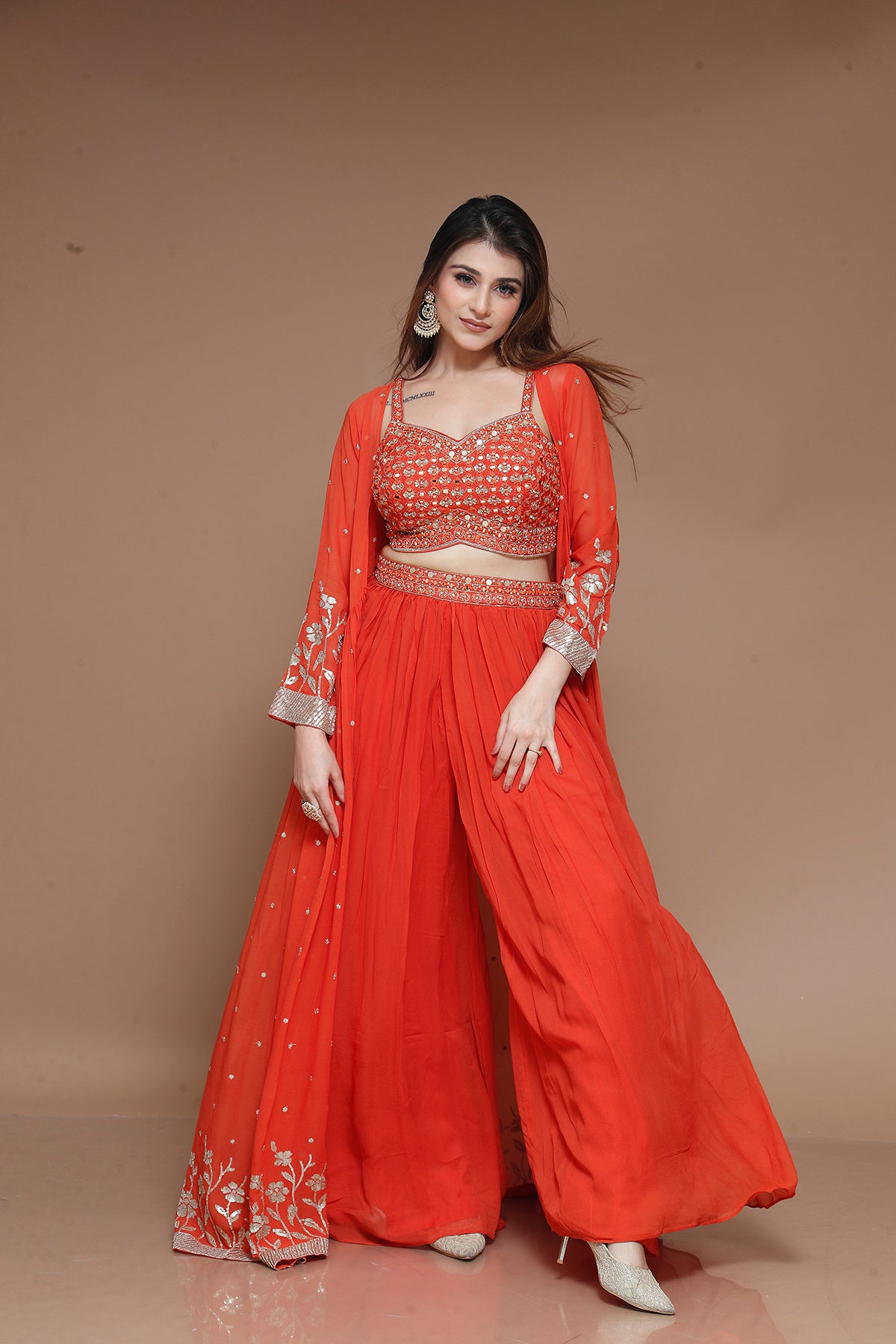 Orange Palazzo Suit with jacket in Georgette