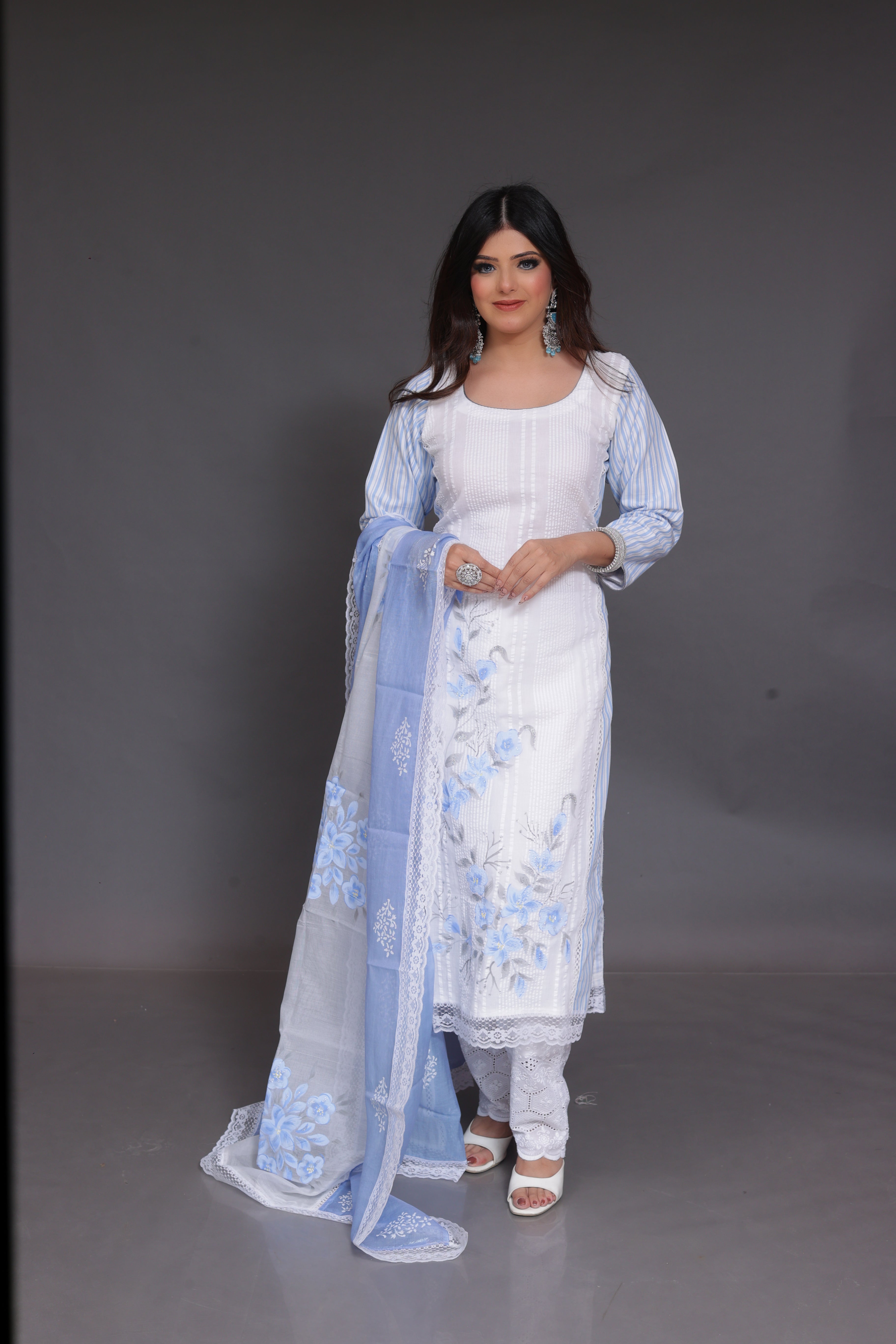 White Readymade Suit in Cotton