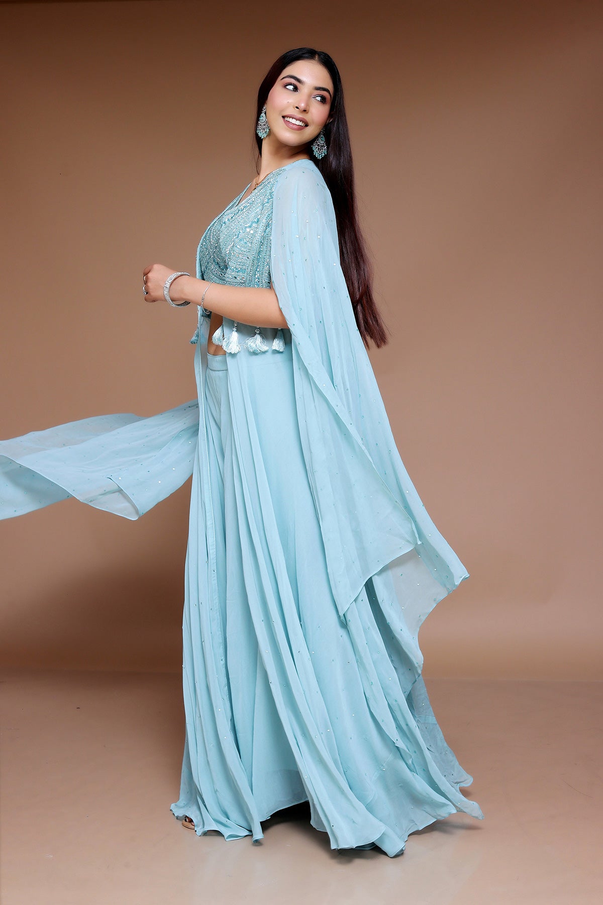 Sky Blue Sharara Suit with cape embellished with embroidered Top