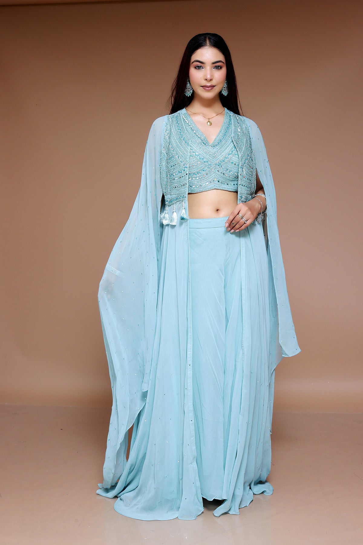 Sky Blue Sharara Suit with cape embellished with embroidered Top