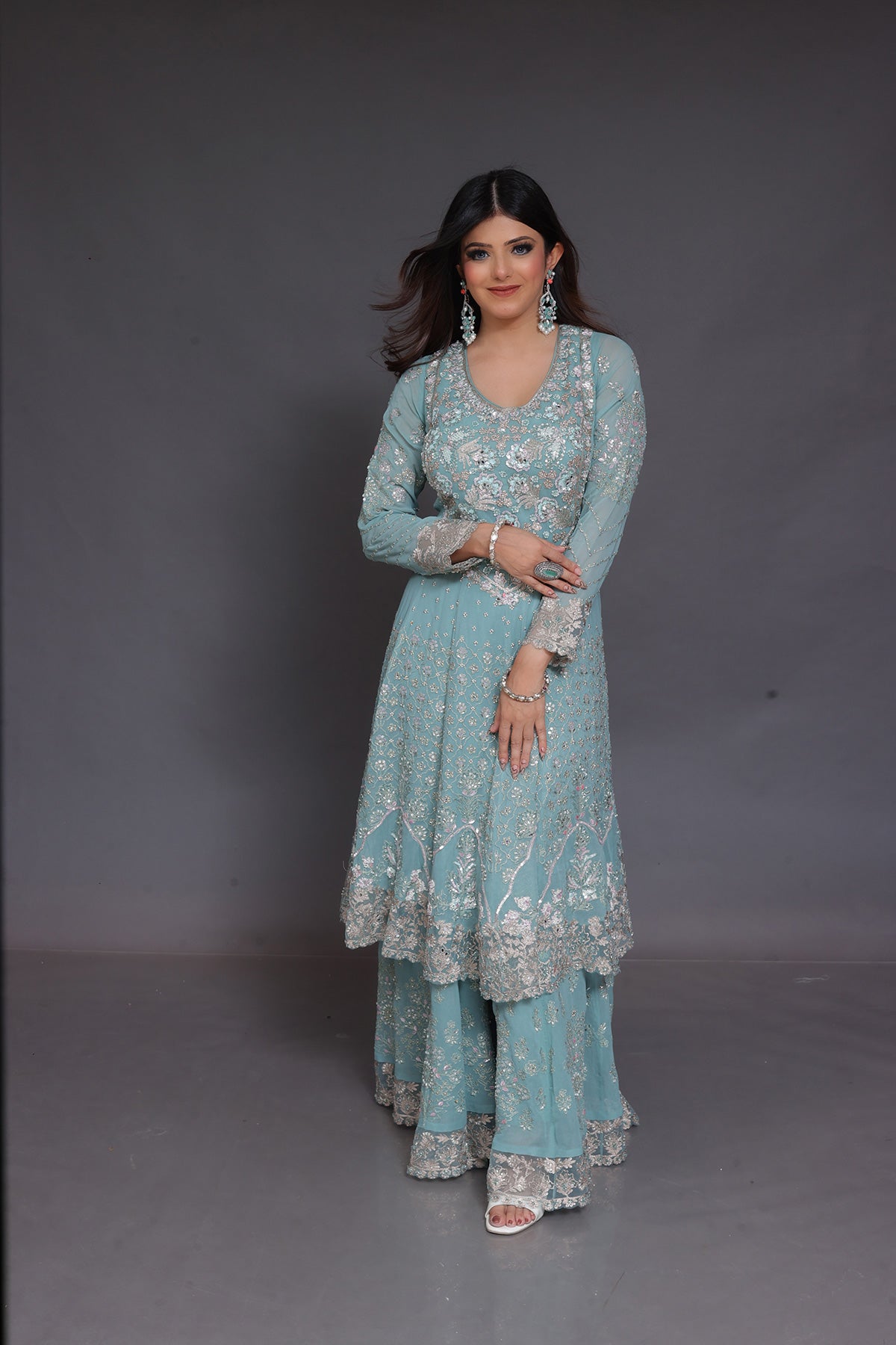 Turquoise Blue Heavy Sharara suit in Net