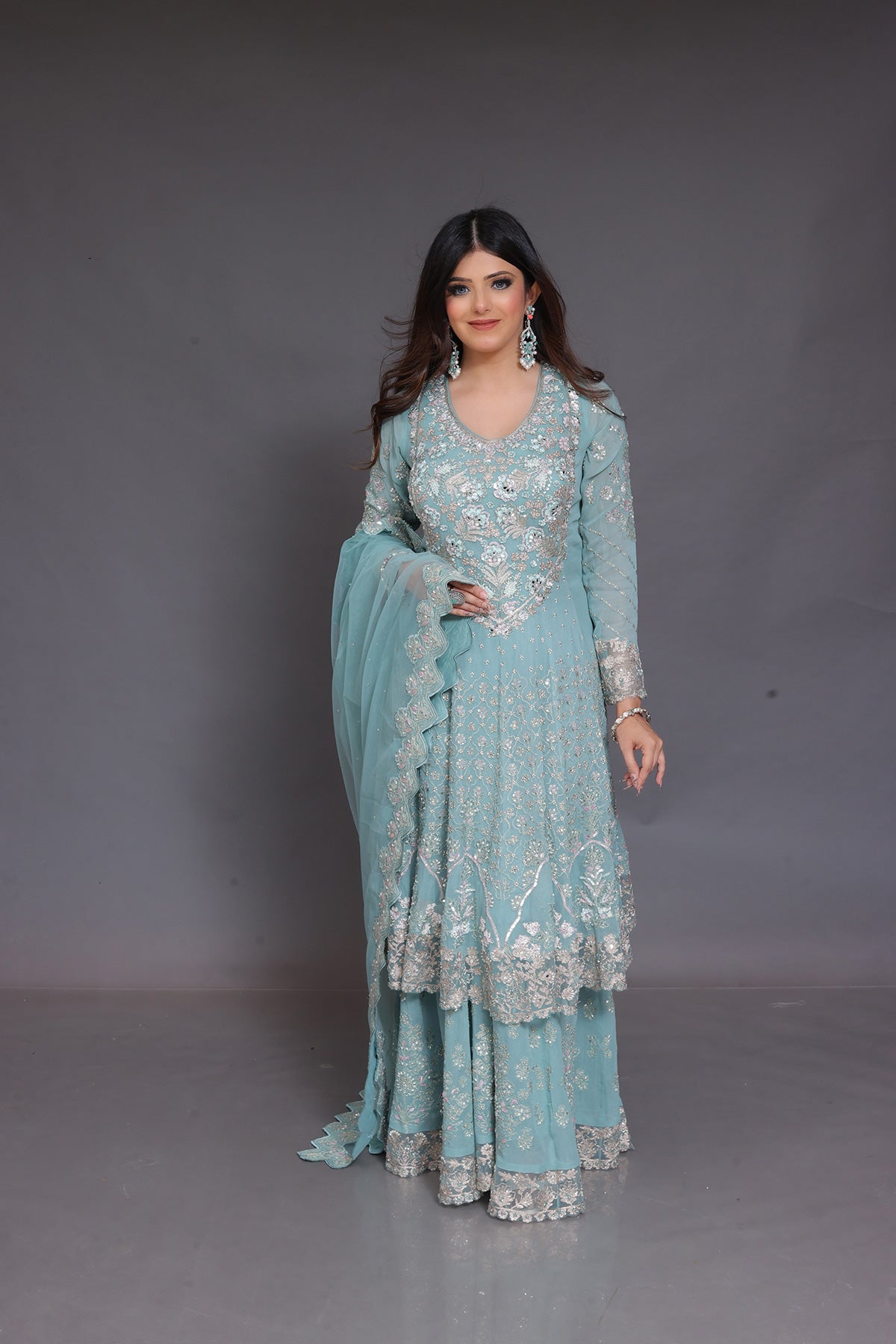 Turquoise Blue Heavy Sharara suit in Net