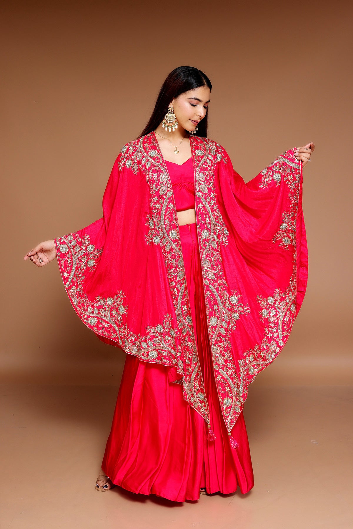 Hot Pink Sharara & Top with Embroidered Cape