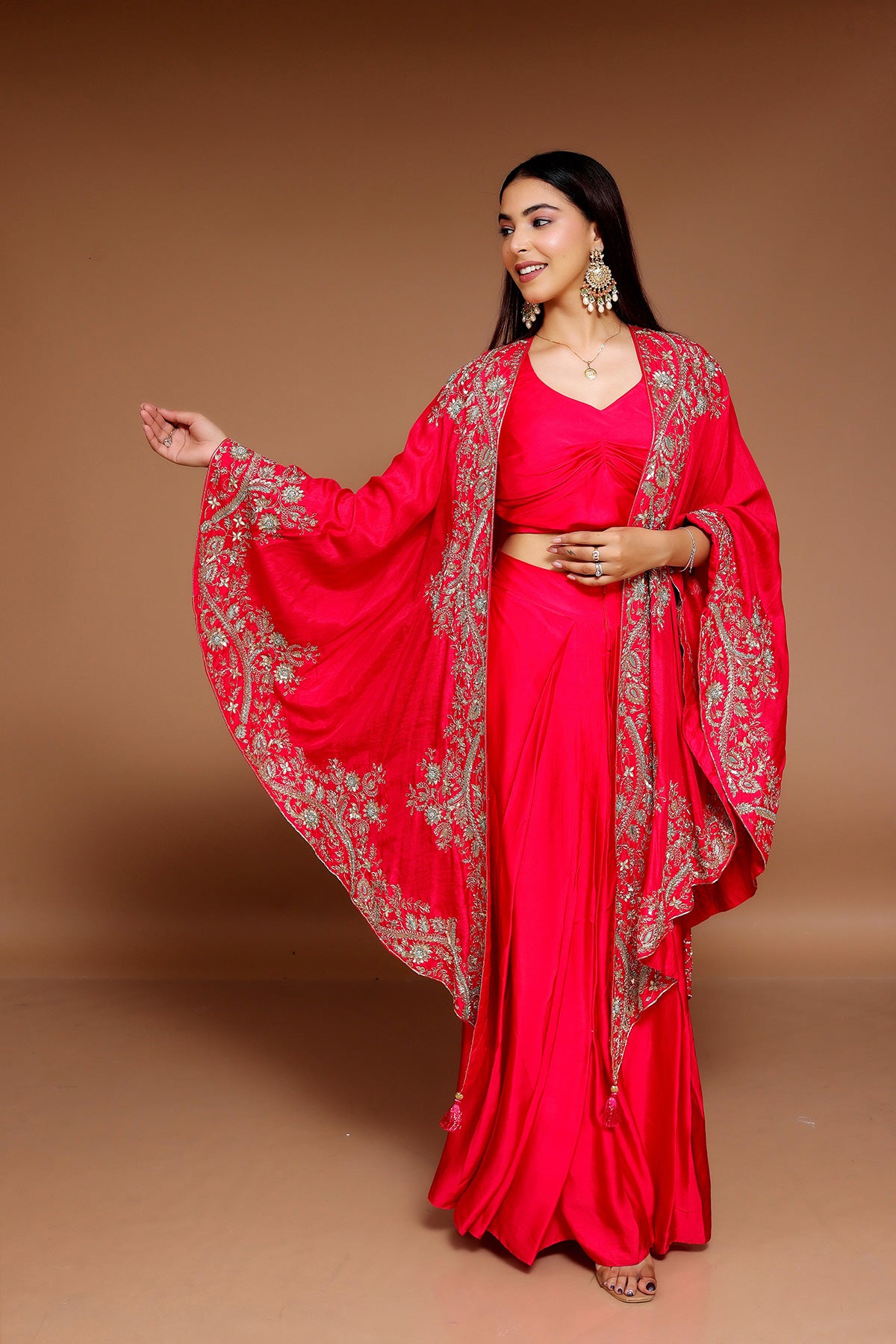 Hot Pink Sharara & Top with Embroidered Cape