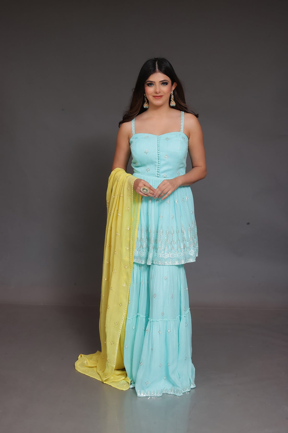 Sky Blue Garara suit in Georgette with yellow Dupatta