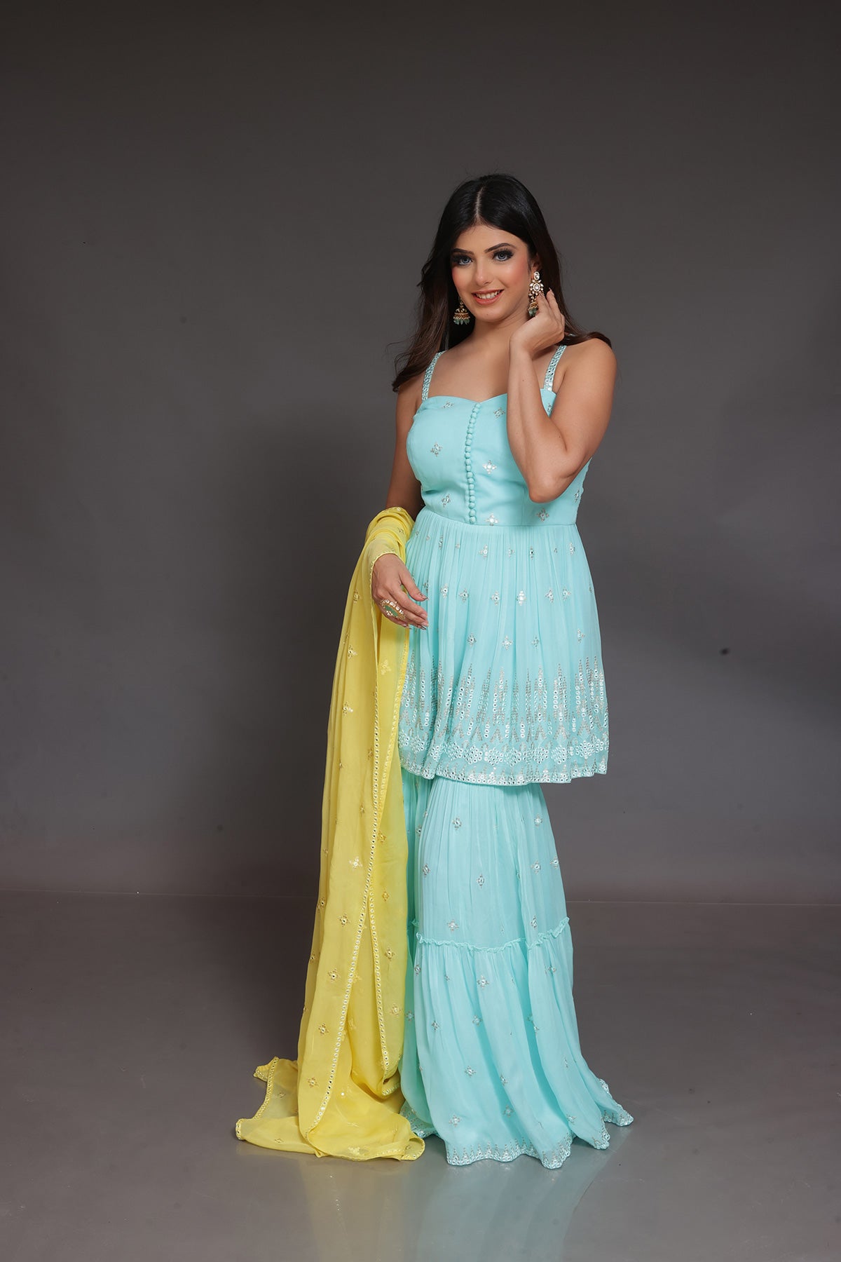Sky Blue Garara suit in Georgette with yellow Dupatta