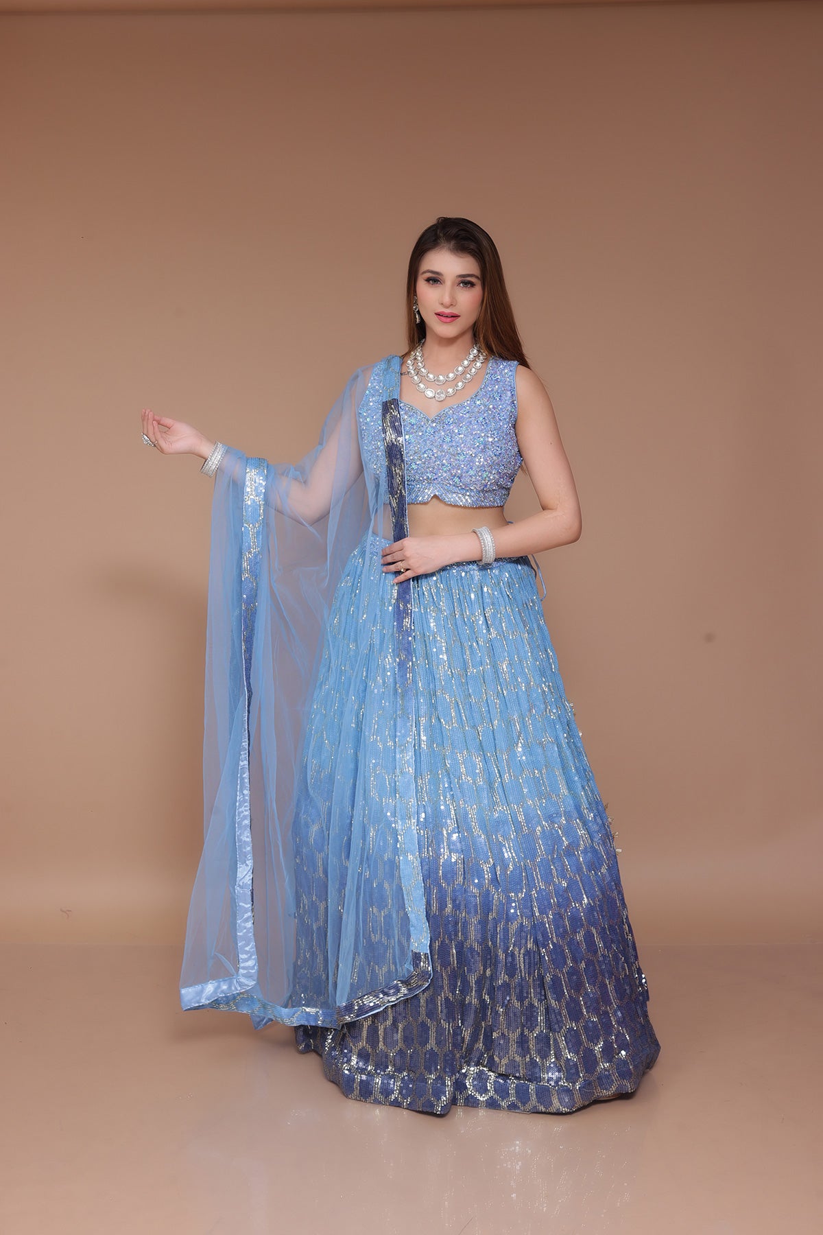 Ombre Blue Lehenga choli in sequin fabric embellished with hand embroidery