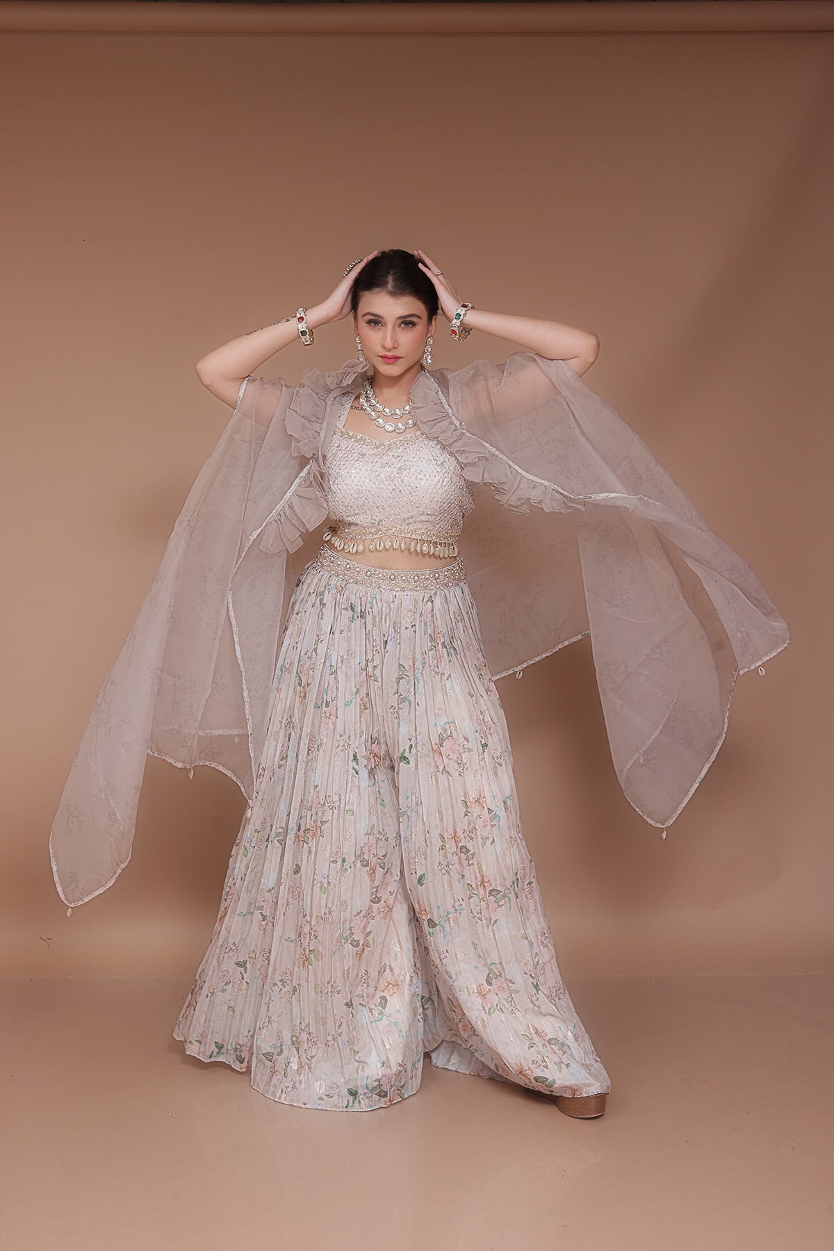 Onion pink Floral Pleated Co-ords set with cape