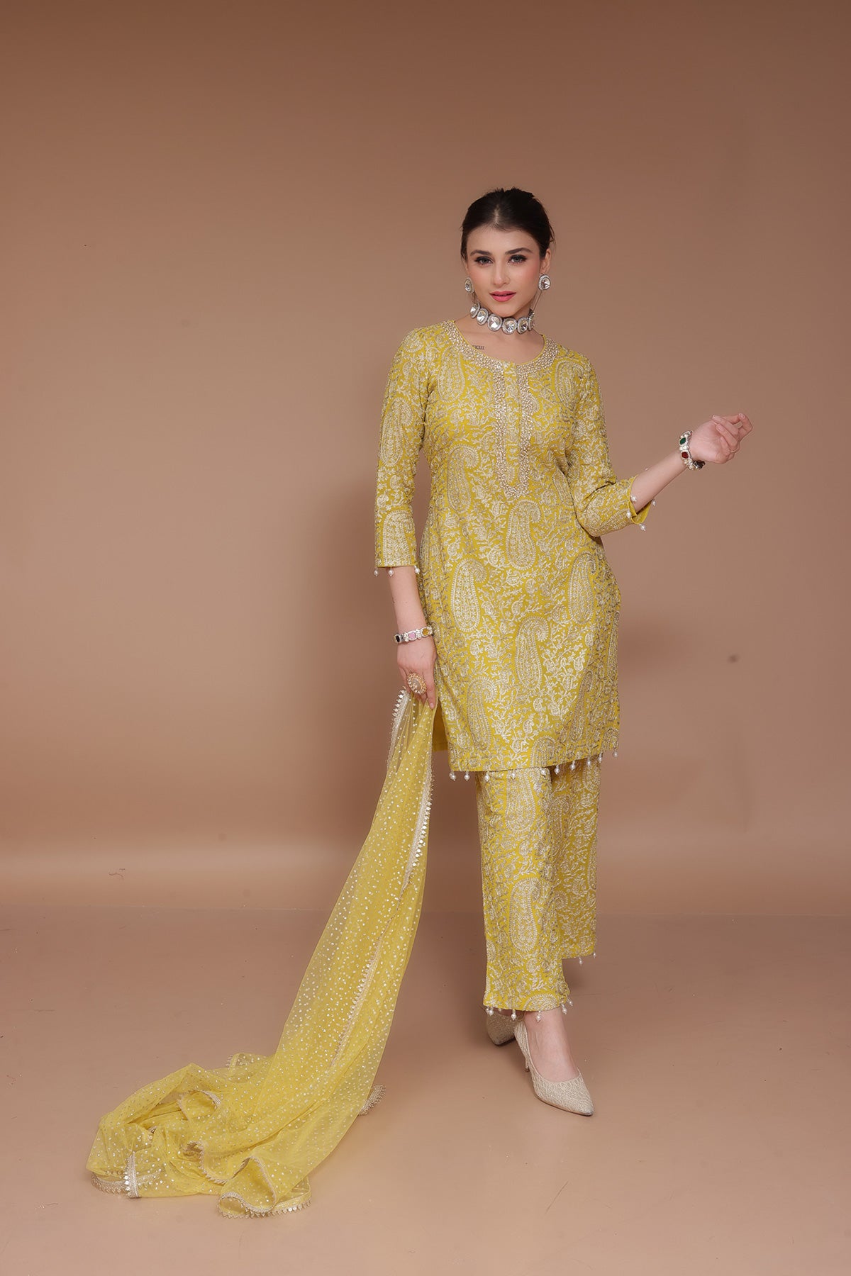 Mustard Pent Suit in Chinnon with net dupatta
