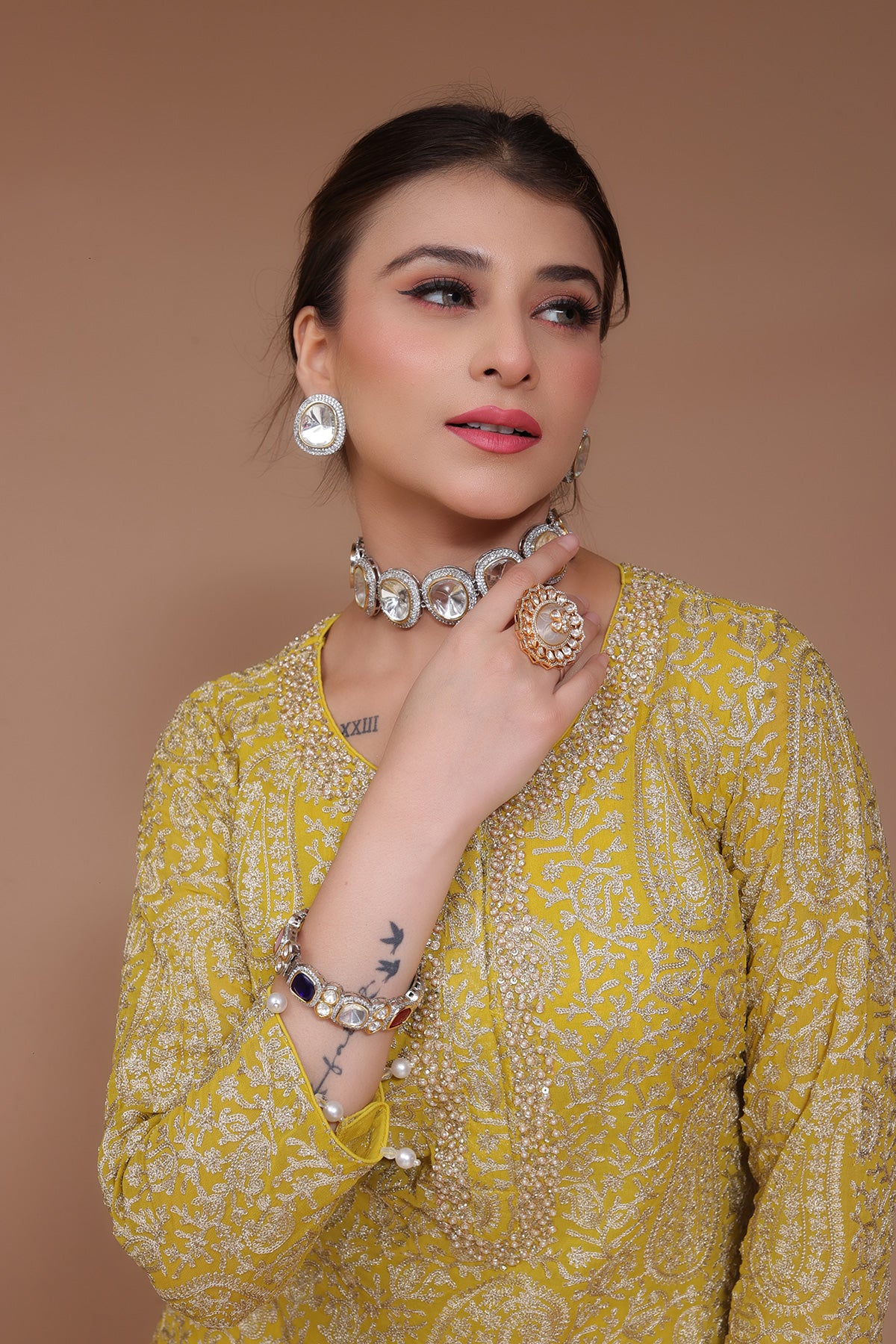 Mustard Pent Suit in Chinnon with net dupatta