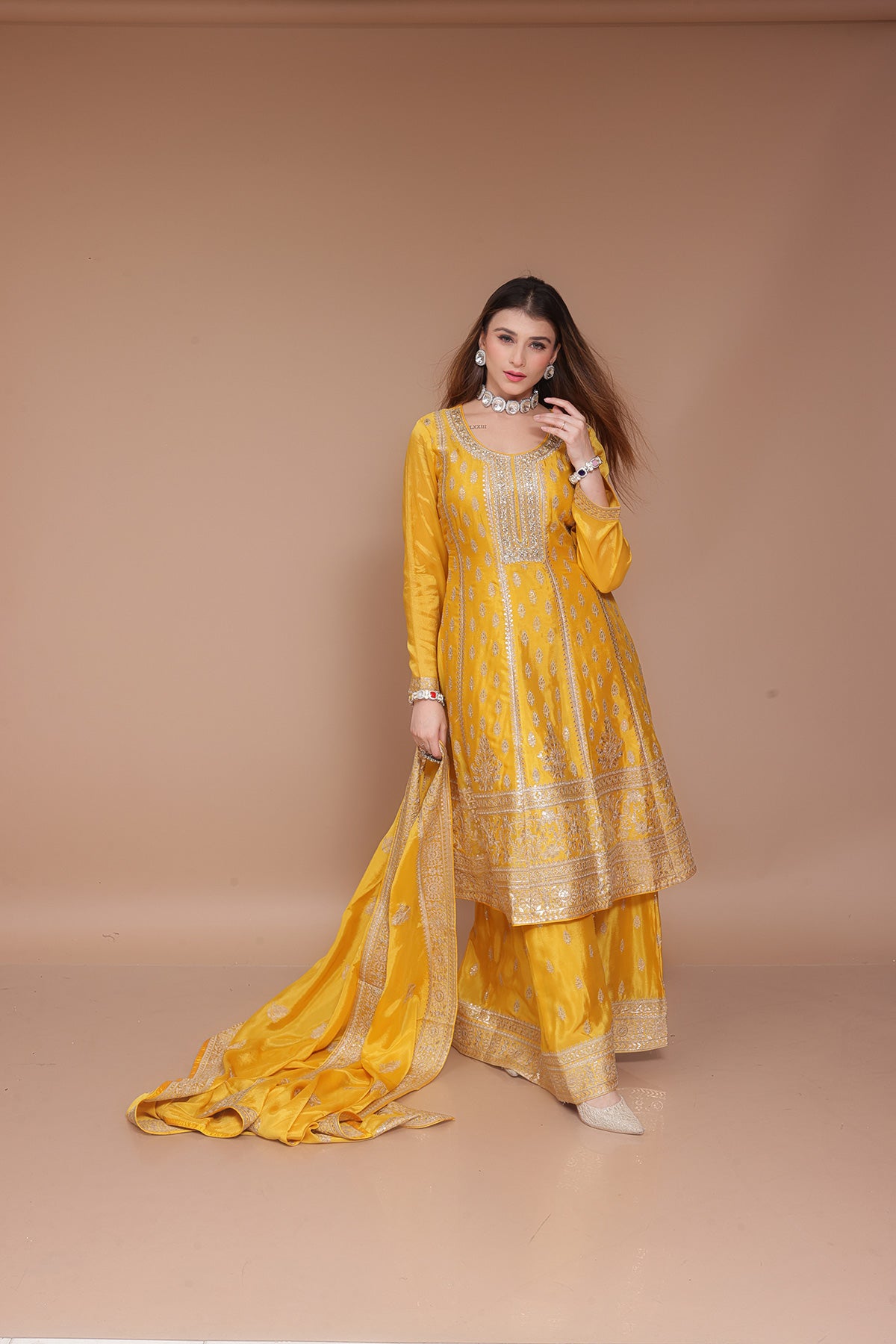 Yellow Anarkali Palazzo Suit in Chinnon