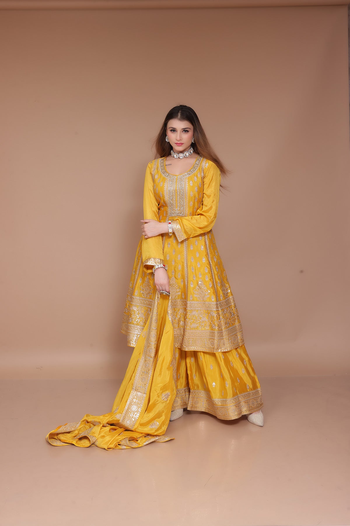 Yellow Anarkali Palazzo Suit in Chinnon