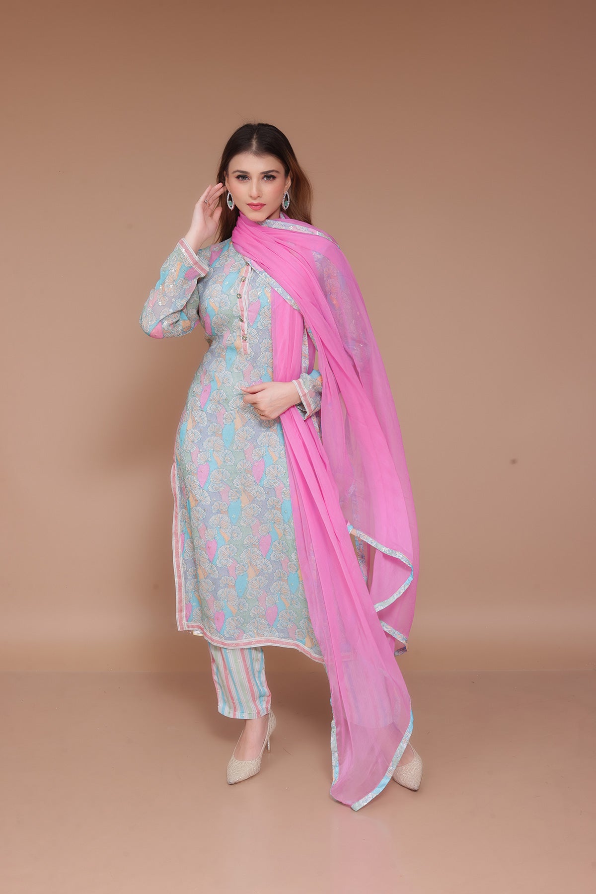 Floral Print Sky Blue Straight Pent Suit in georgette with Solid Pink chiffon Dupatta