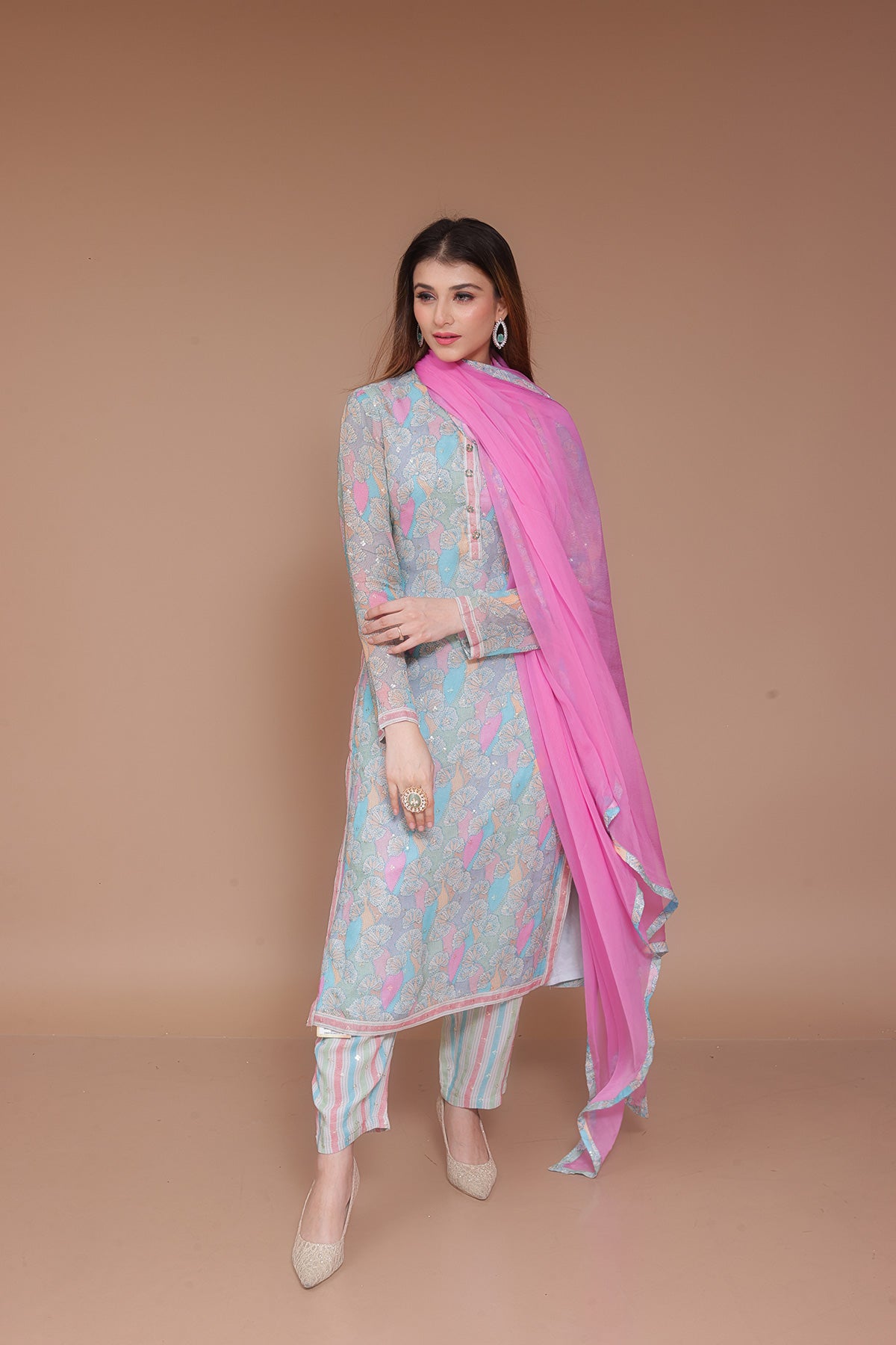 Floral Print Sky Blue Straight Pent Suit in georgette with Solid Pink chiffon Dupatta
