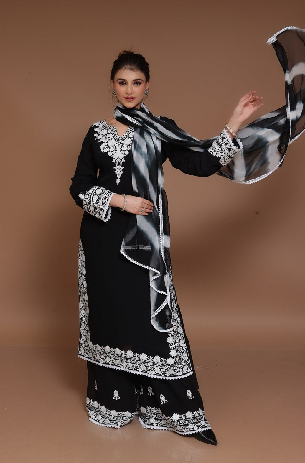 Black Palazzo Suit in georgette adorned with white thread embroidery