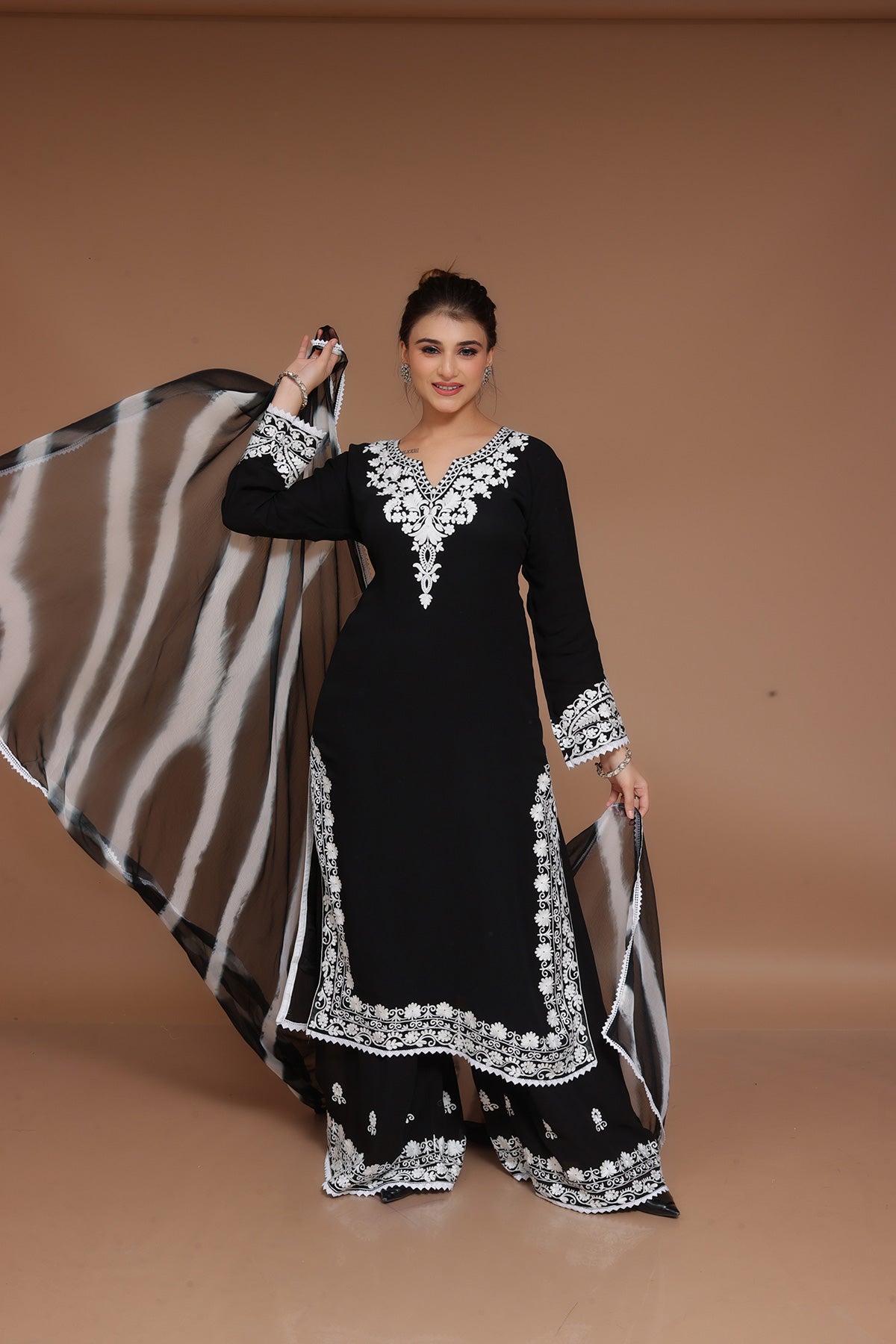 Black Palazzo Suit in georgette adorned with white thread embroidery