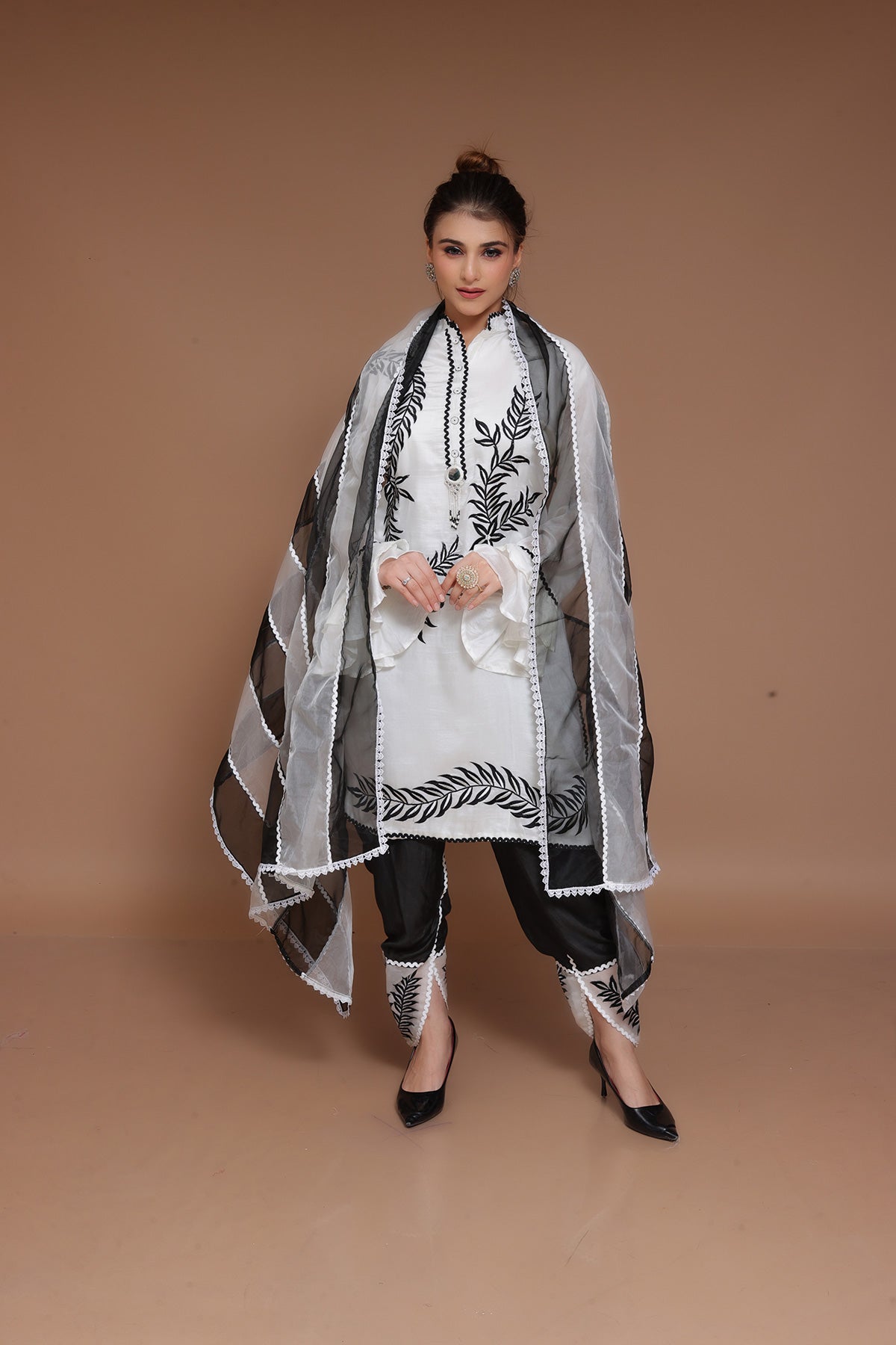 Black & White tulip Suit along with black and white striped organza dupatta