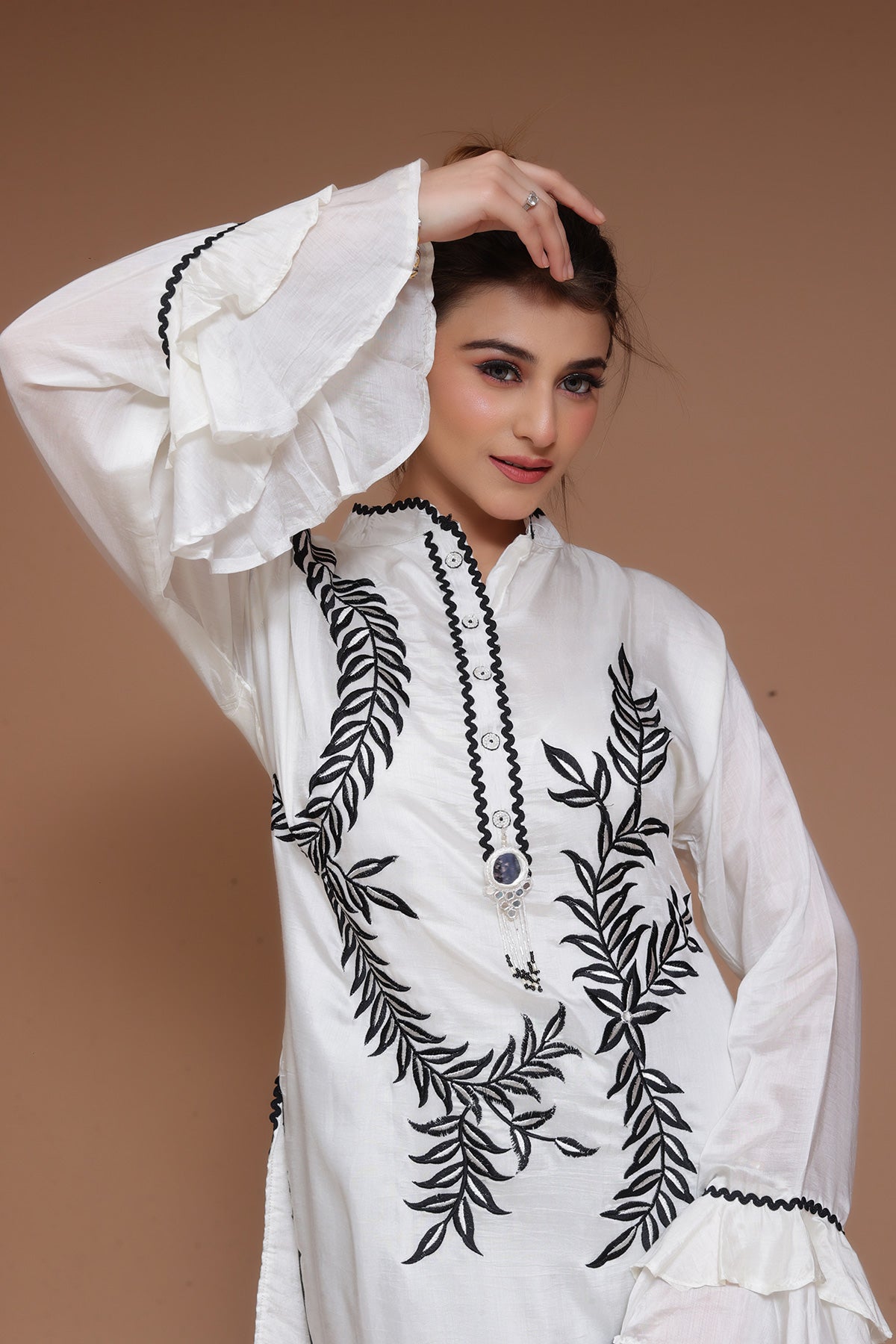 Black & White tulip Suit along with black and white striped organza dupatta