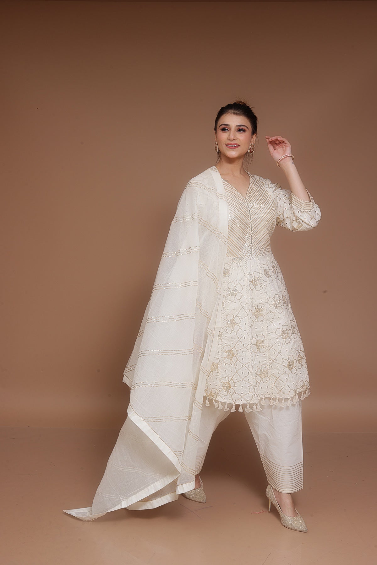 Cream Readymade Chikankari Salwar Suit in Cotton