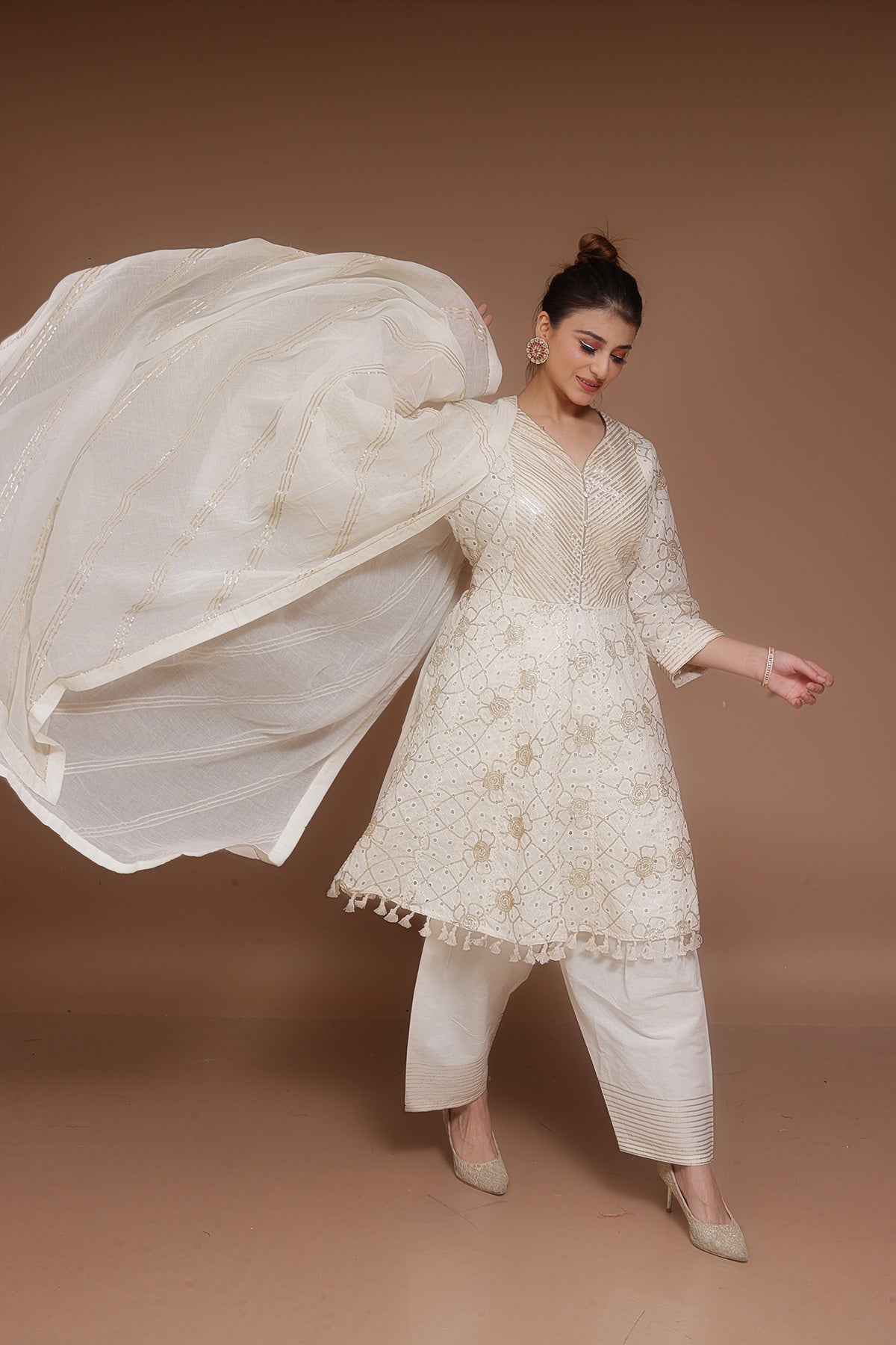 Cream Readymade Chikankari Salwar Suit in Cotton