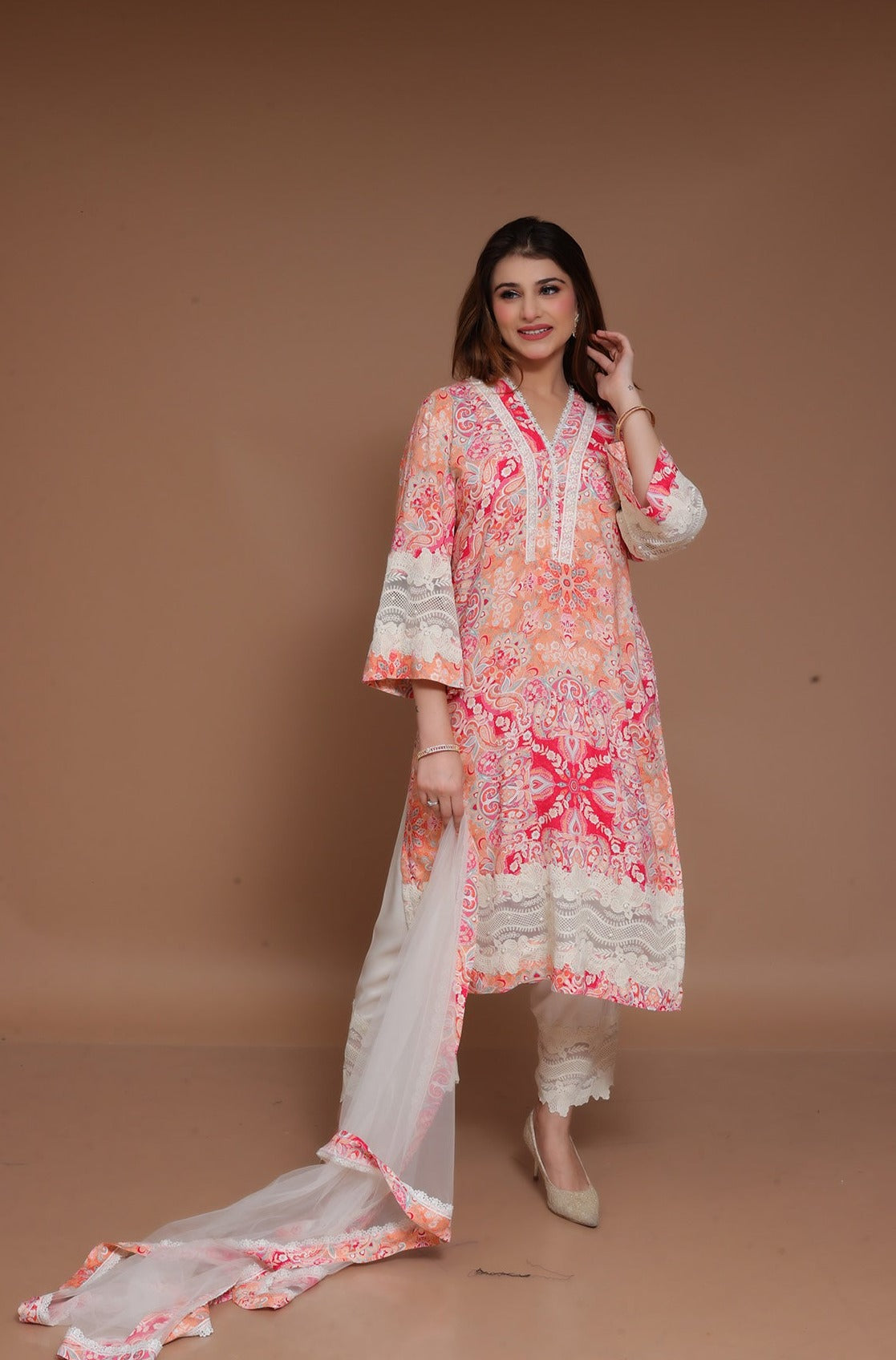 White and Pink Pent Suit in cotton with net dupatta