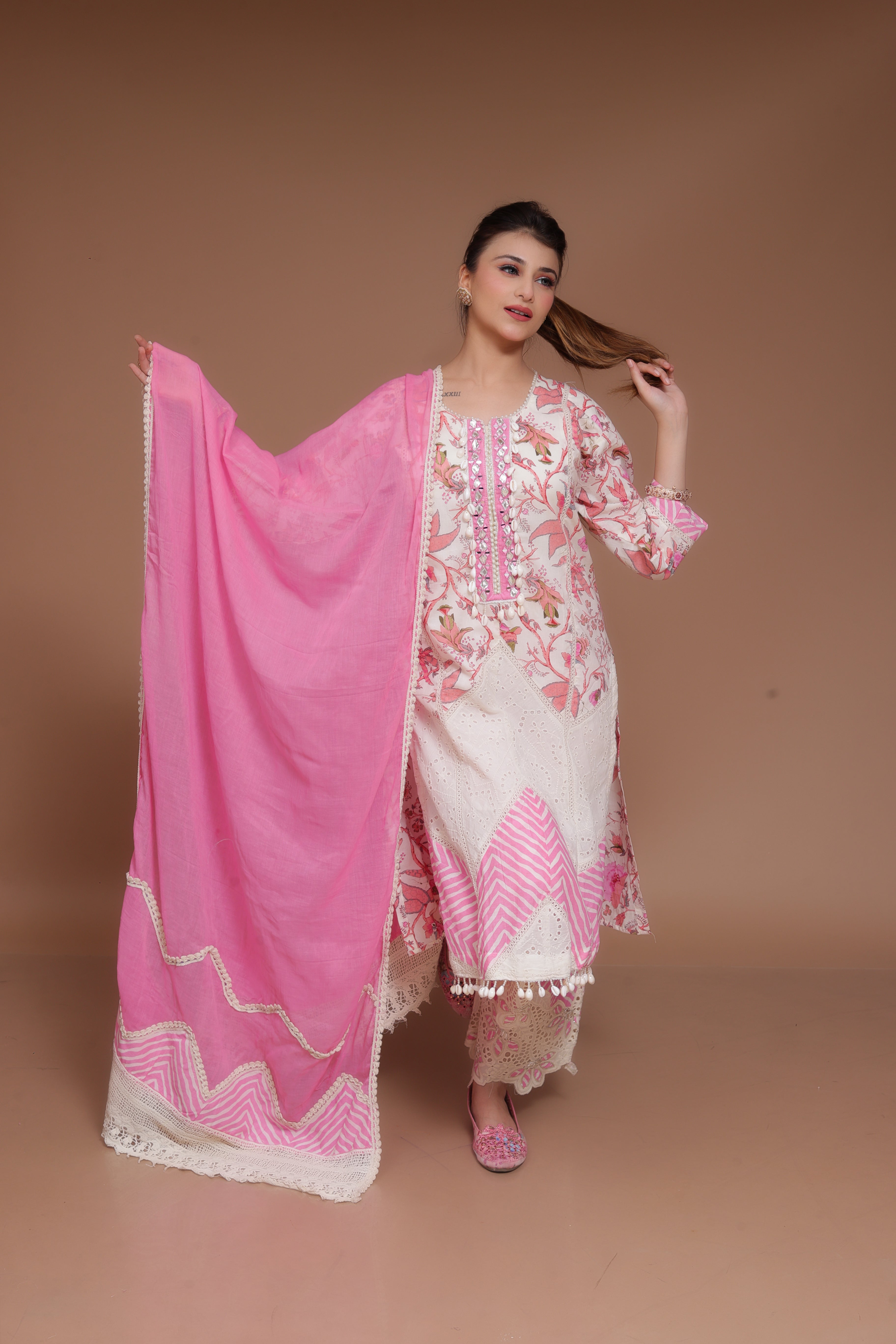 Pink and White Palazzo Suit in Cotton