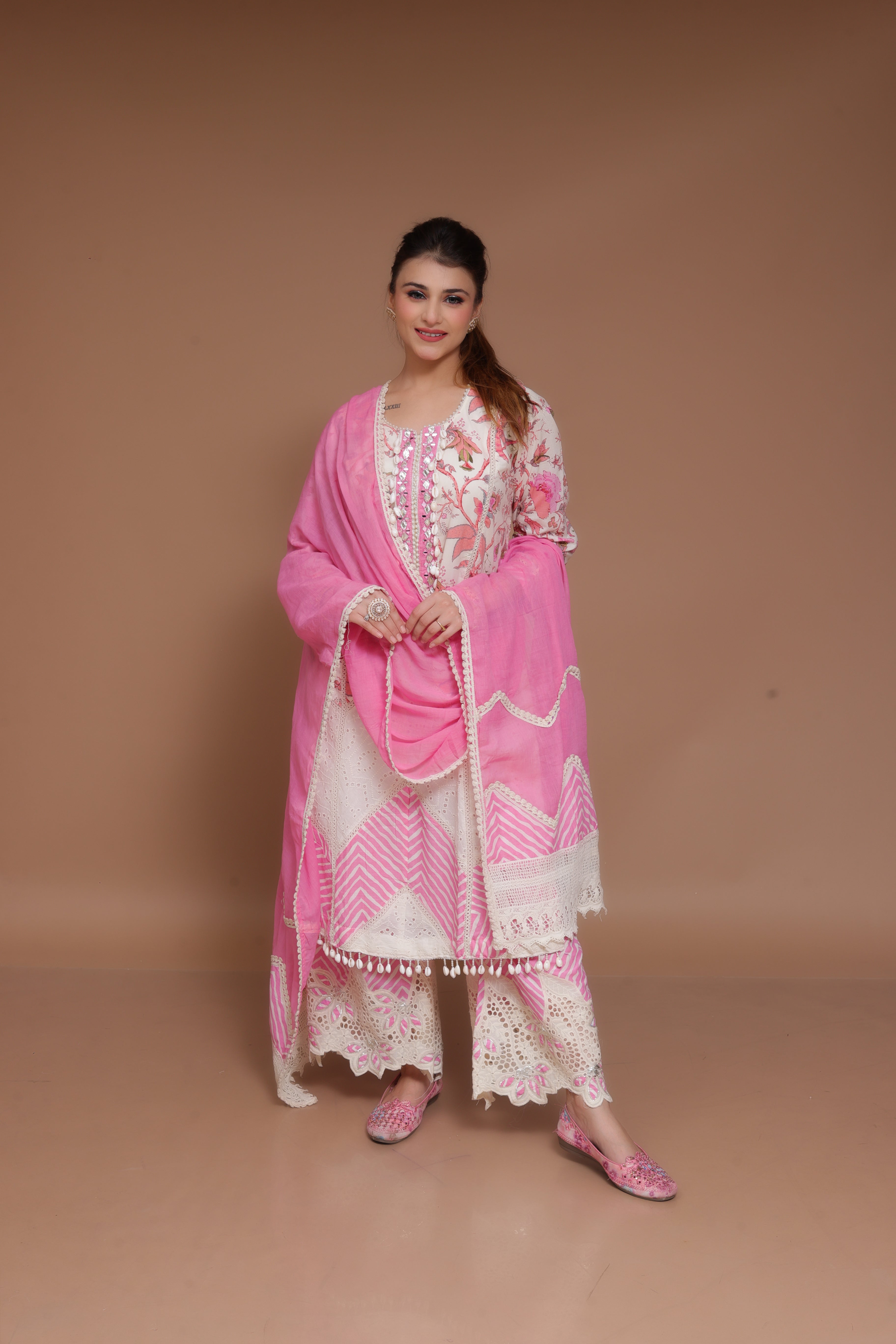 Pink and White Palazzo Suit in Cotton