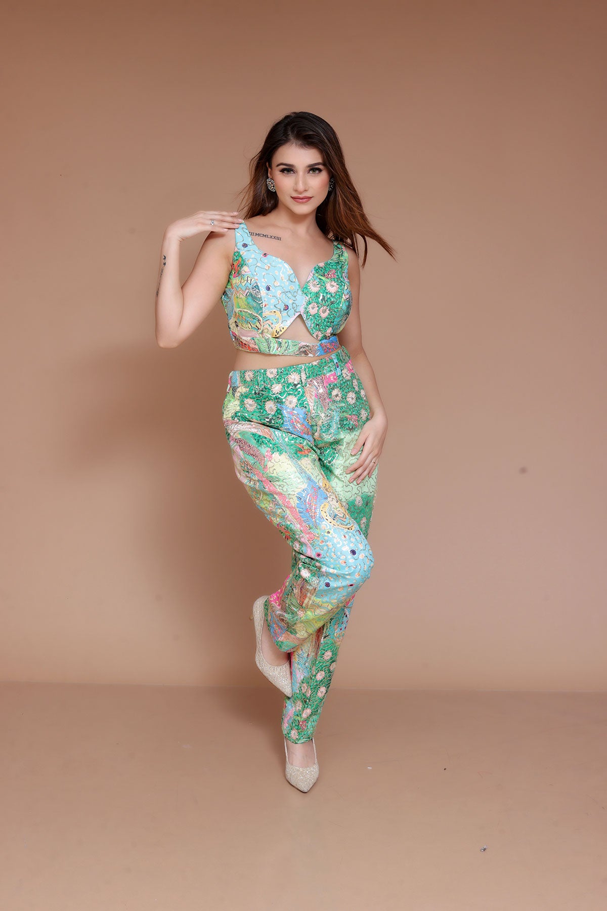 Green Printed Top with Trousers and Designer Jacket Co-Ords