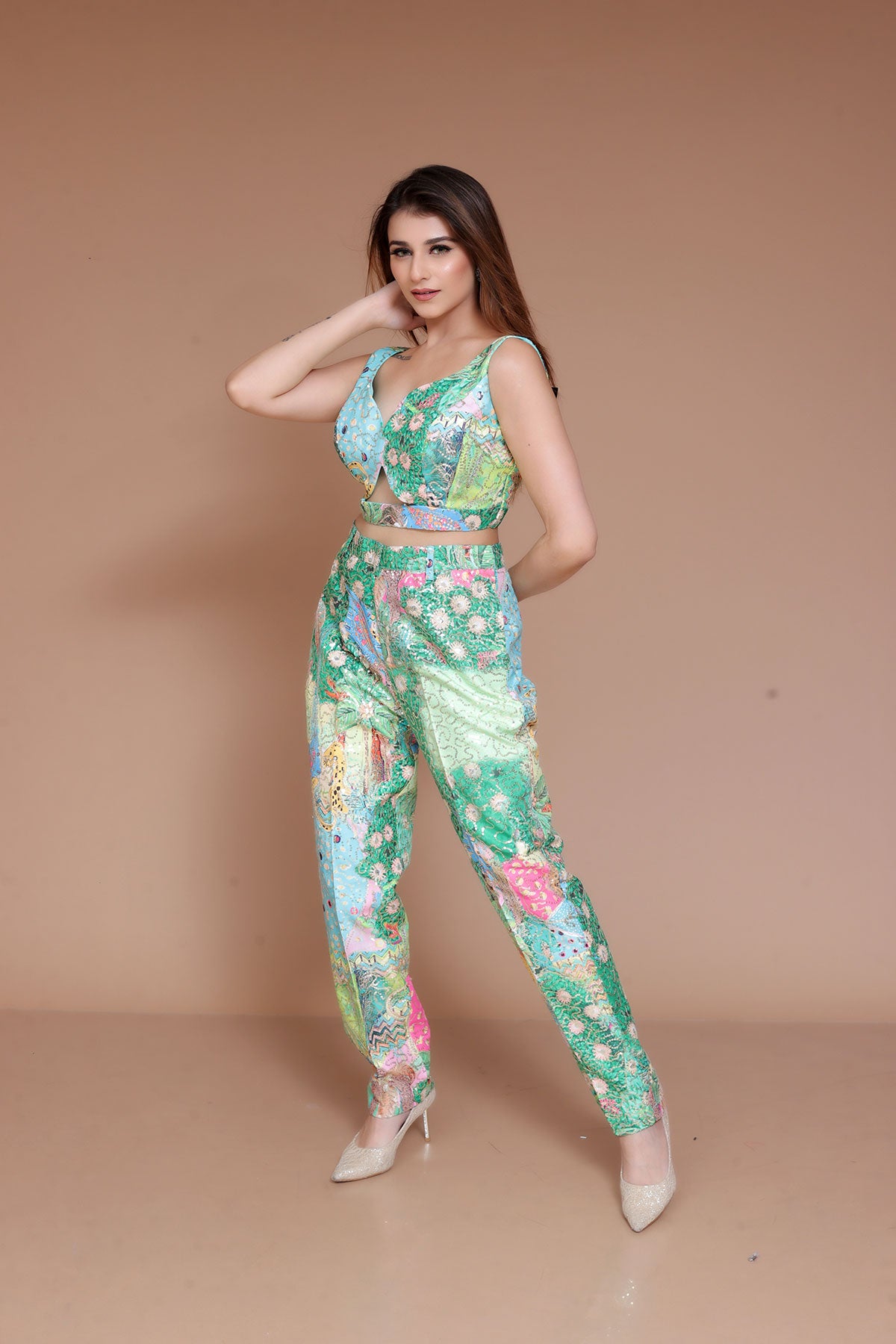 Green Printed Top with Trousers and Designer Jacket Co-Ords
