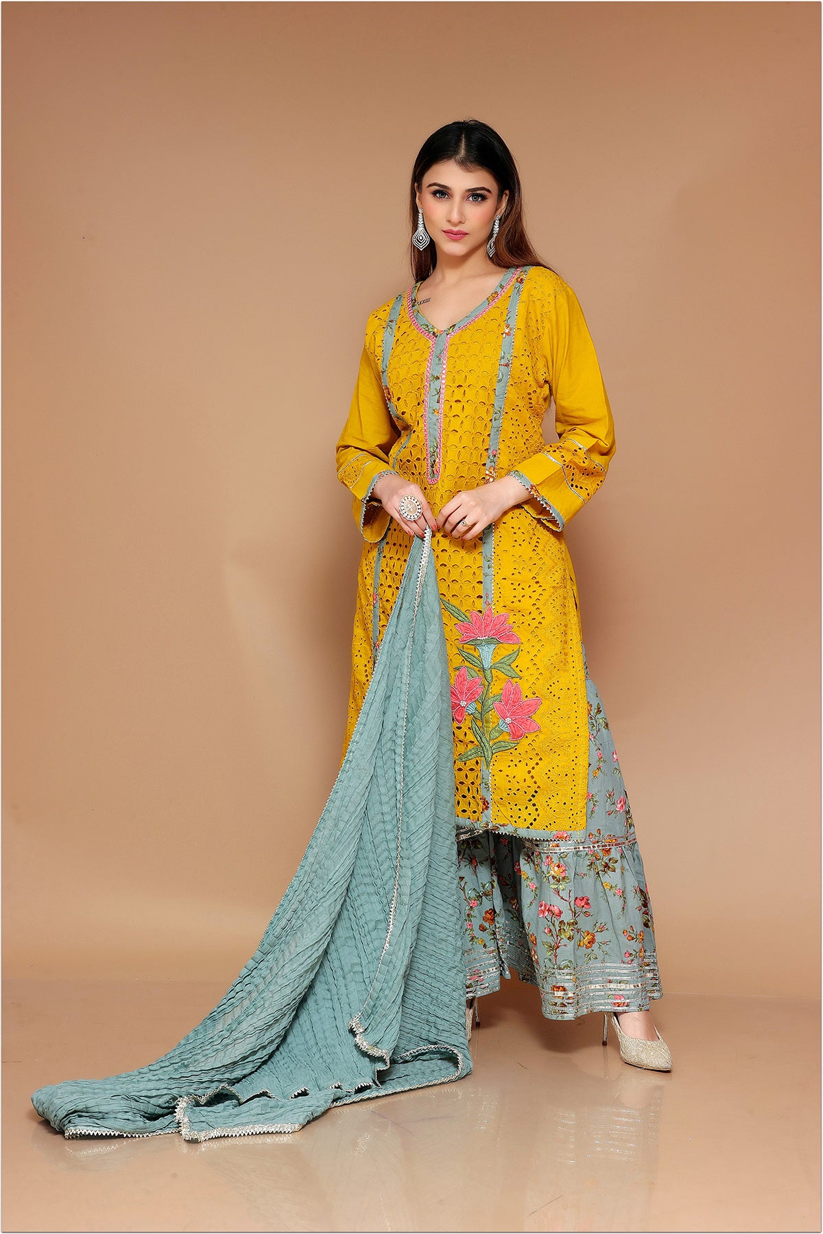 Yellow and Grey Garara Suit in Cotton