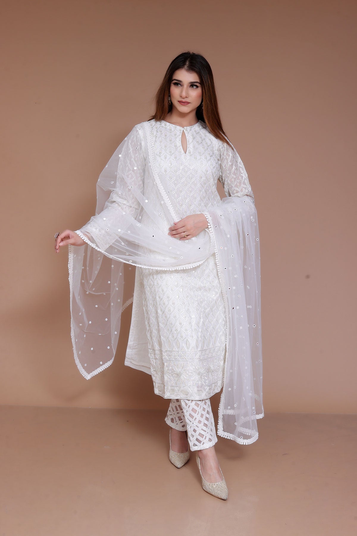 White Pent Suit in Cotton with Net dupatta