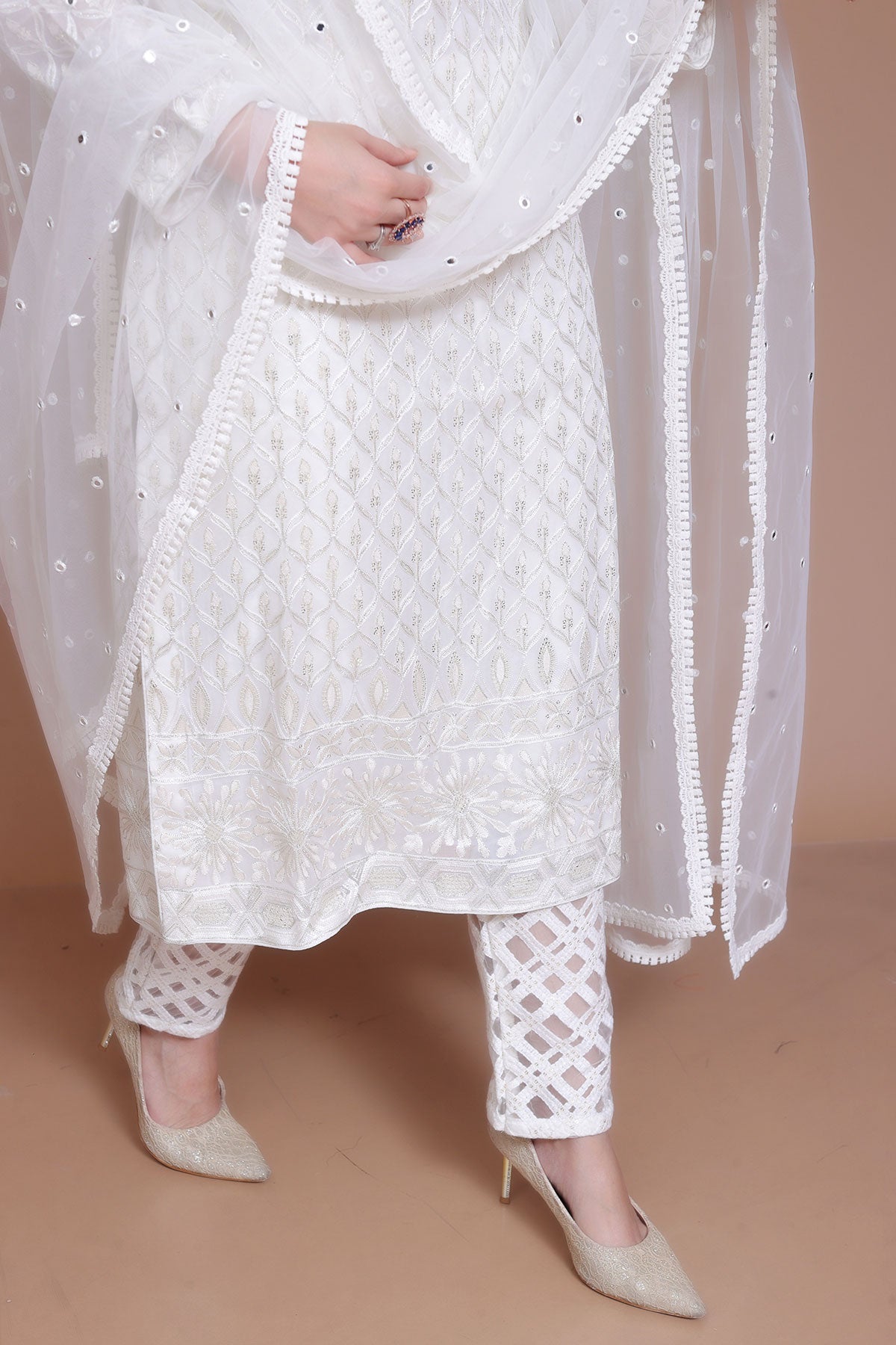 White Pent Suit in Cotton with Net dupatta